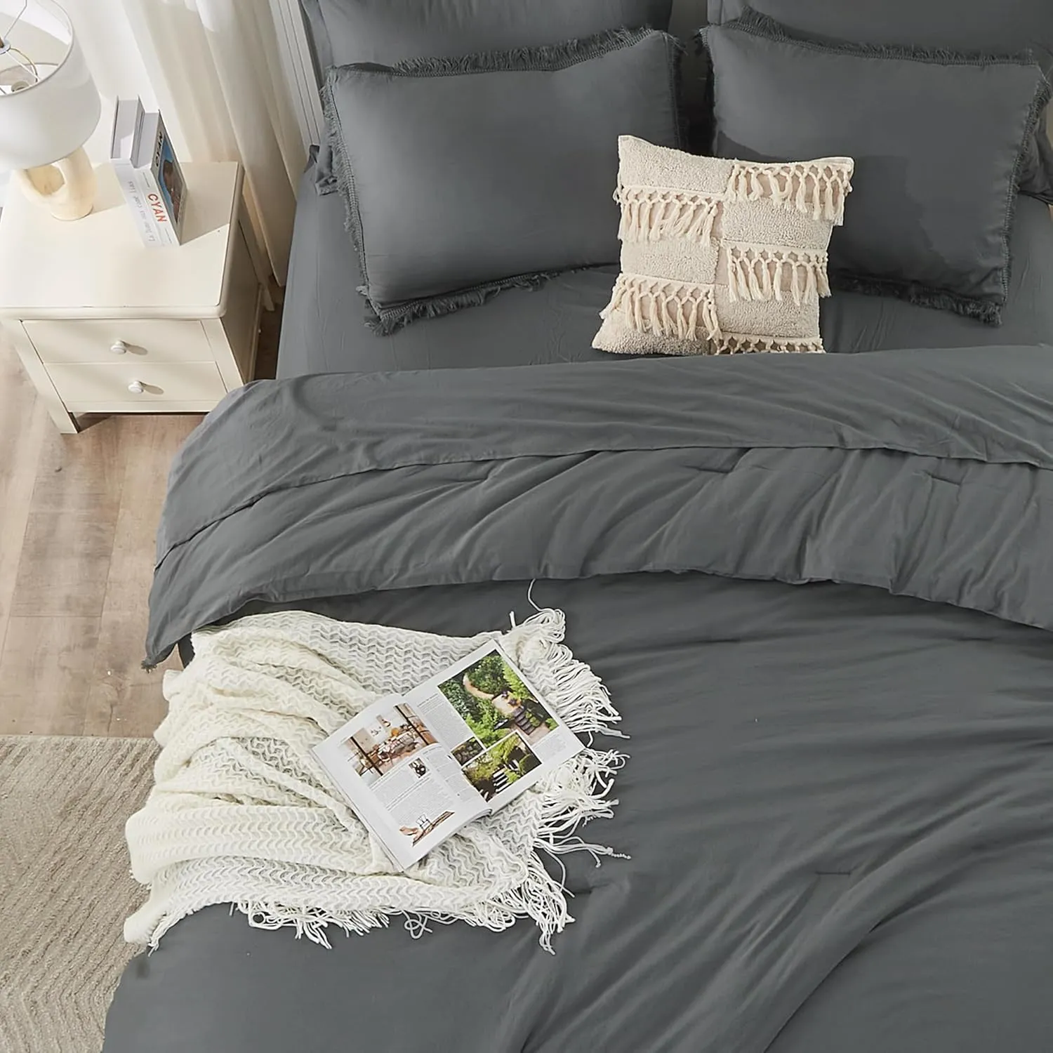 Andency Dark Grey King Size Comforter Set with Sheets - 7 Pieces Boho Tassel Bed in a Bag Soft Lightweight Bedding Sets, Dark Grey Fringe Bed Set with Comforter, Sheets, Pillowcases & Shams