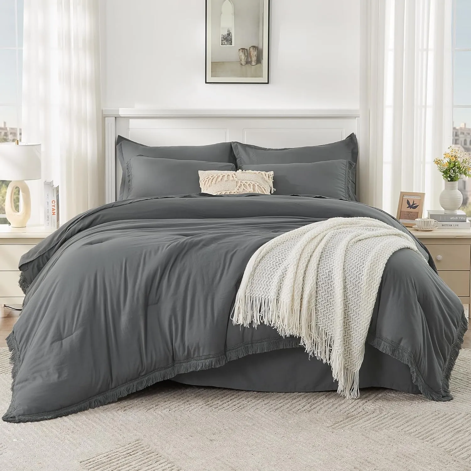 Andency Dark Grey King Size Comforter Set with Sheets - 7 Pieces Boho Tassel Bed in a Bag Soft Lightweight Bedding Sets, Dark Grey Fringe Bed Set with Comforter, Sheets, Pillowcases & Shams
