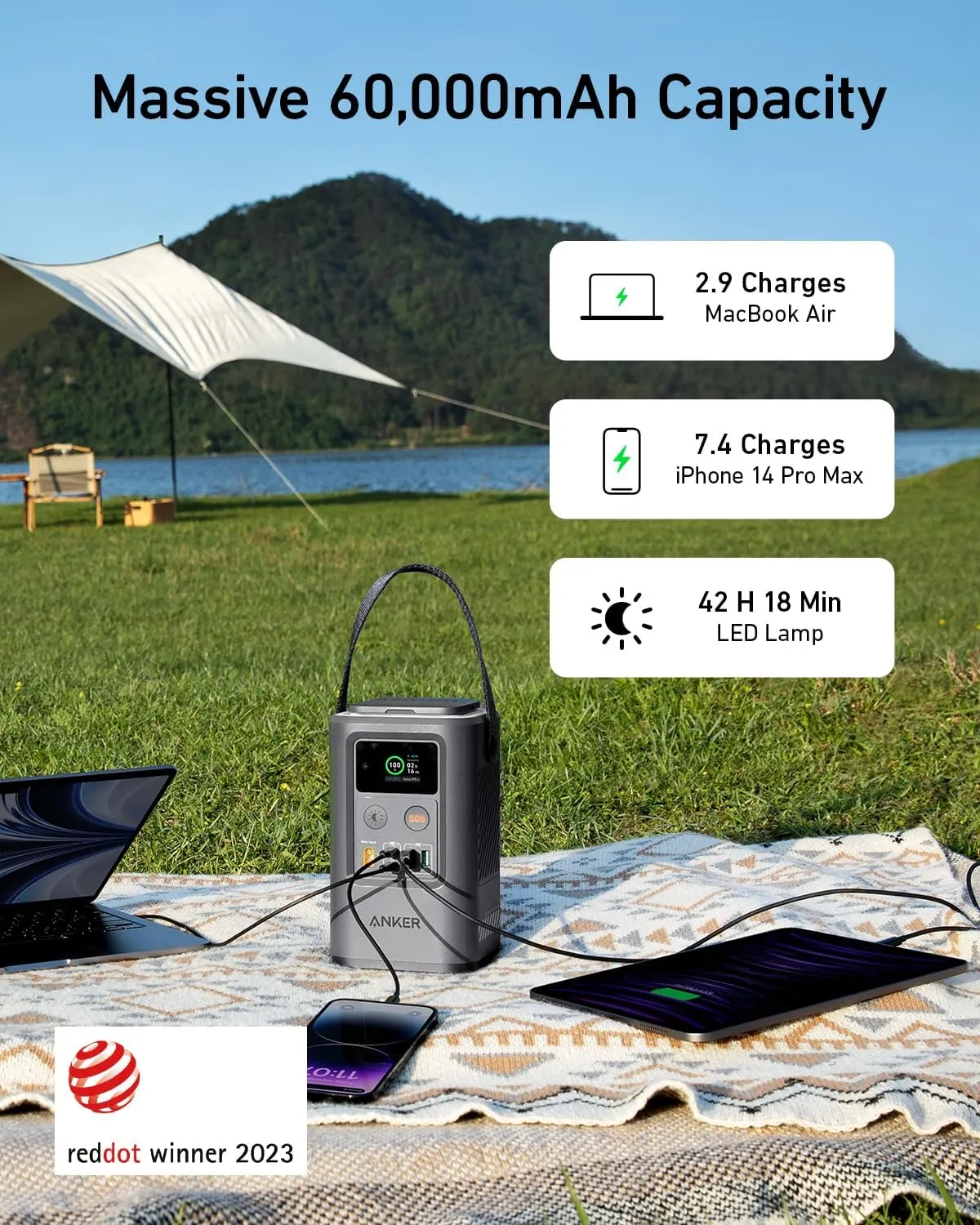 ANKER Power Bank Power Station 60,000mAh,Portable Outdoor Generator 87W with Smart Digital Display, Retractable Auto Lighting and SOS Mode, Home Backup(PowerCore Reserve 192Wh) for Travel, Camping