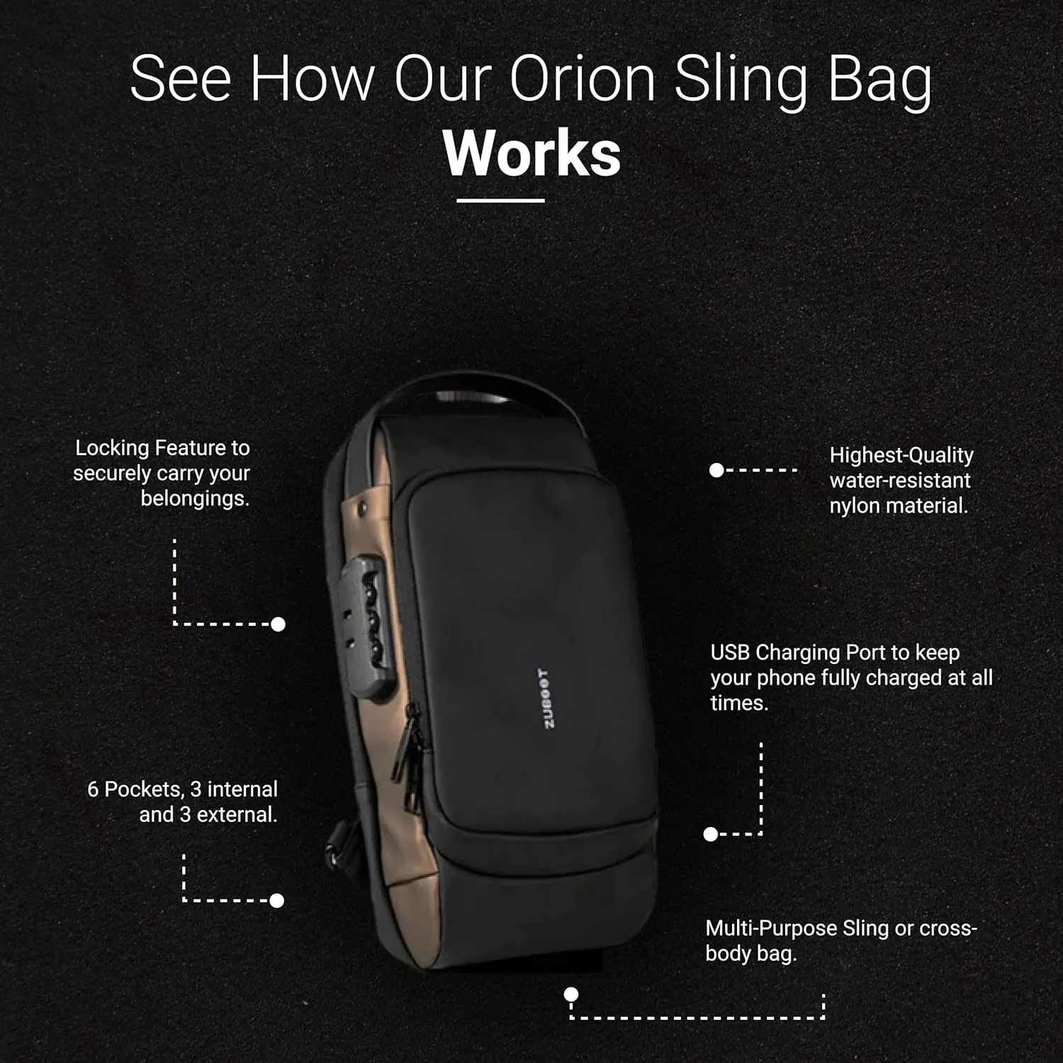 Anti-Theft Sling Bag with 6 Compartments | Waterproof Cross-Body Bag with Locking Feature and USB Charging Port