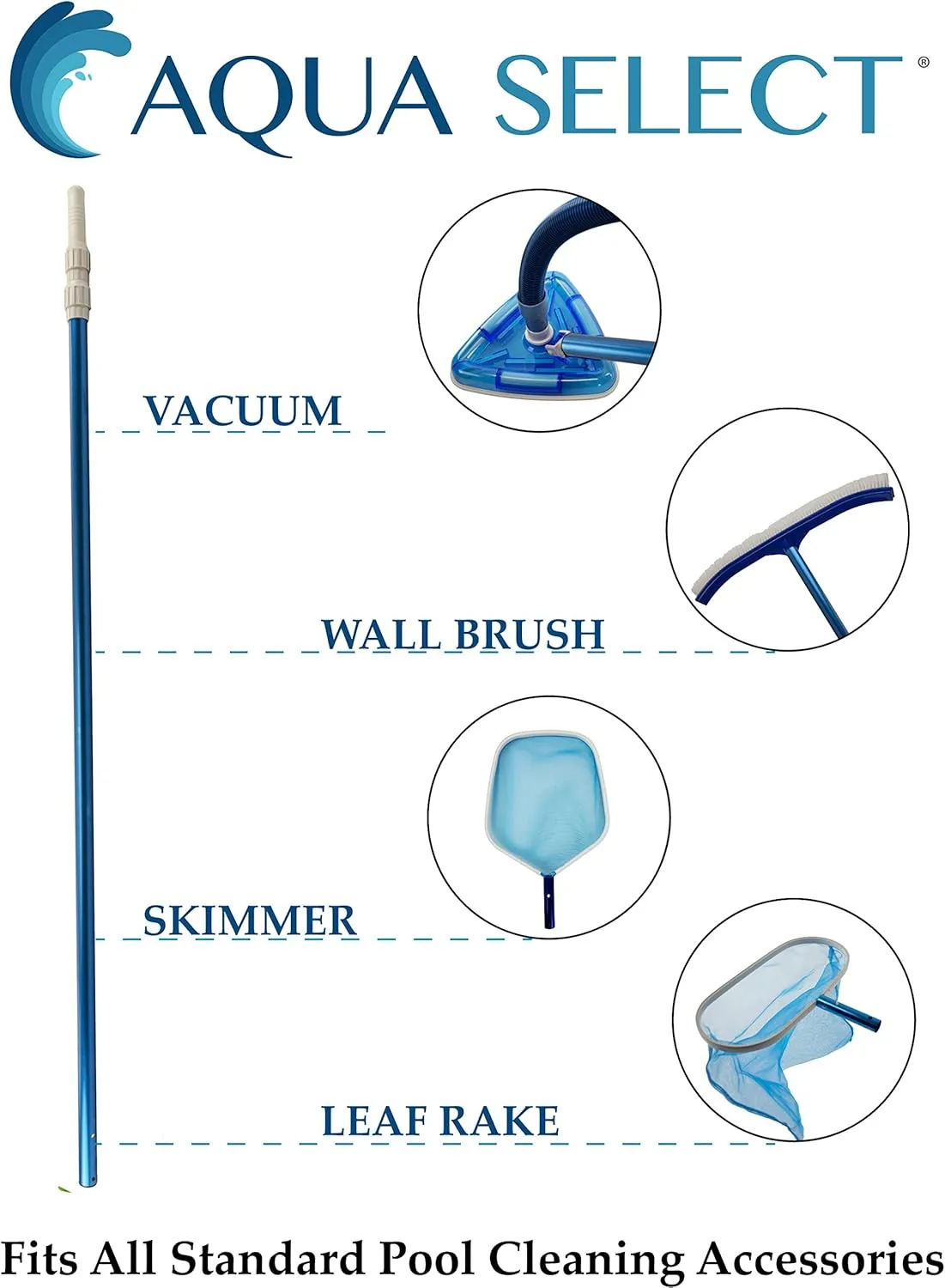 Aqua Select 7-21 Foot Telescoping Pool Vacuum Pole | Heavy Duty Aluminum Pole for Leaf Skimmers, Pool Brushes and Vacuum Heads | Expandable Swimming Pool Pole