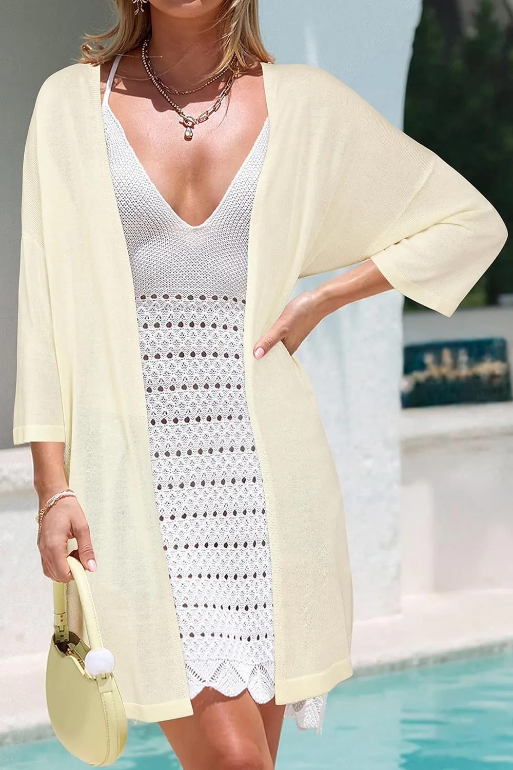 Arach&Cloz Women's 2025 Summer 3/4 Short Sleeve Open Front Lightweight Outfit Cardigan Casual Kimono Beach Sweater
