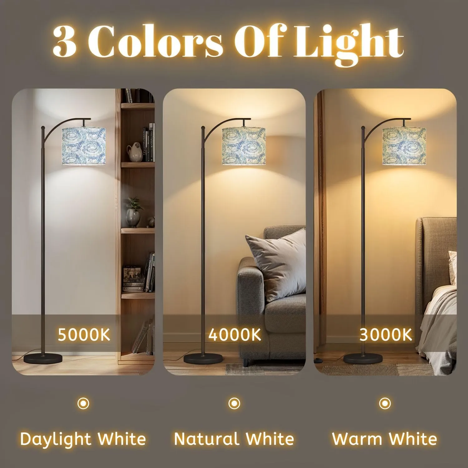 Arc Floor Lamps Watercolor Shibori Pattern Modern LED Adjustable Lampshade Standing Light for Living Room Reading Bedroom Office