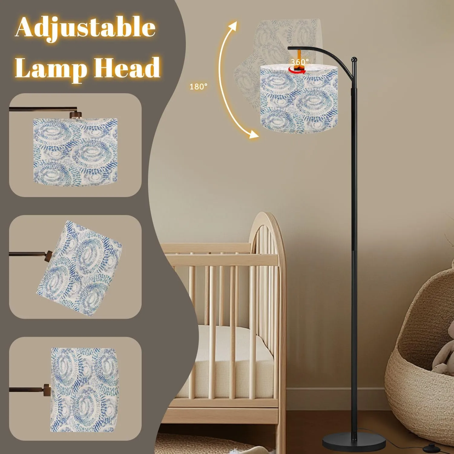 Arc Floor Lamps Watercolor Shibori Pattern Modern LED Adjustable Lampshade Standing Light for Living Room Reading Bedroom Office