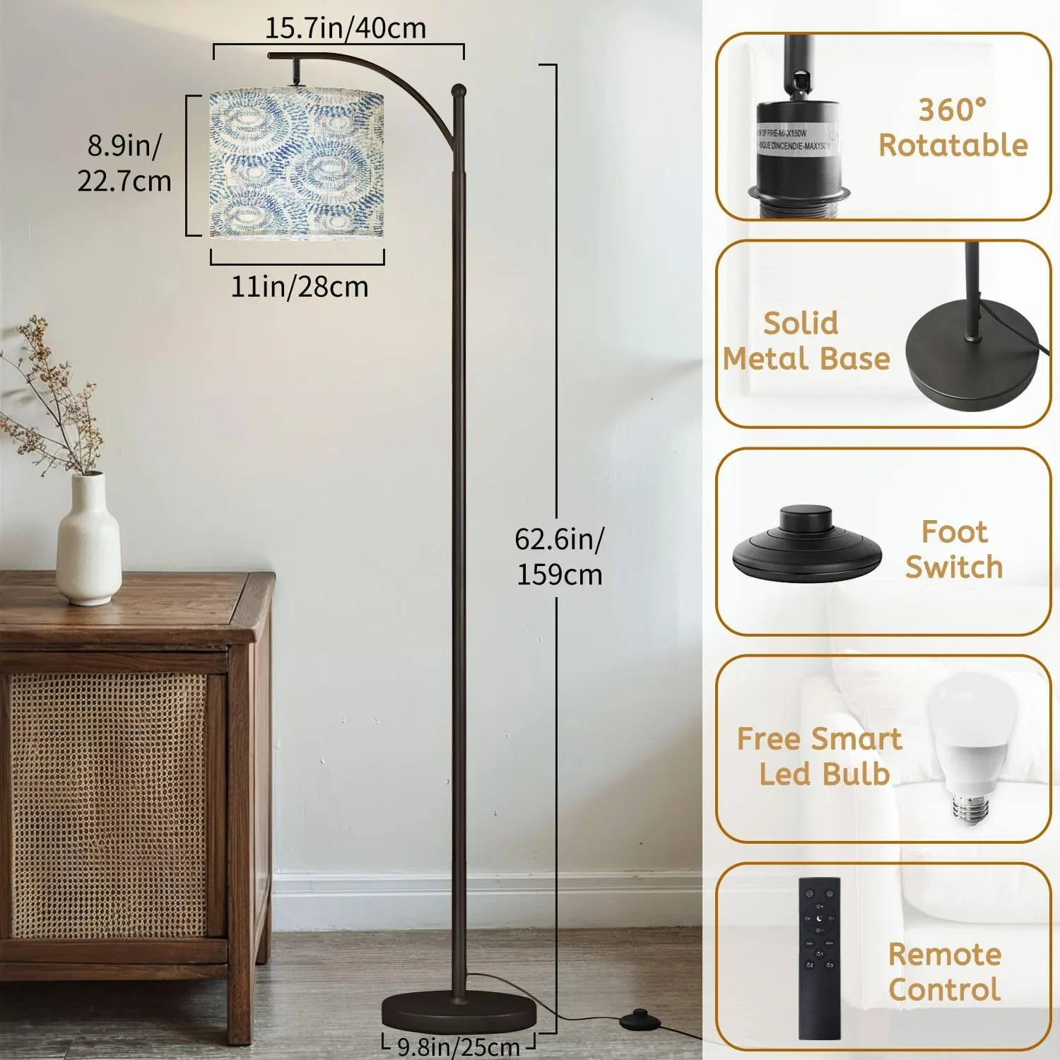 Arc Floor Lamps Watercolor Shibori Pattern Modern LED Adjustable Lampshade Standing Light for Living Room Reading Bedroom Office