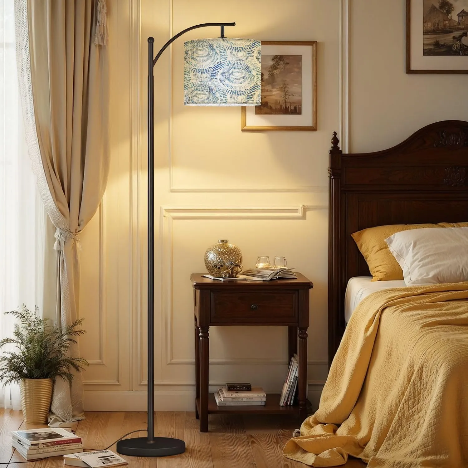 Arc Floor Lamps Watercolor Shibori Pattern Modern LED Adjustable Lampshade Standing Light for Living Room Reading Bedroom Office