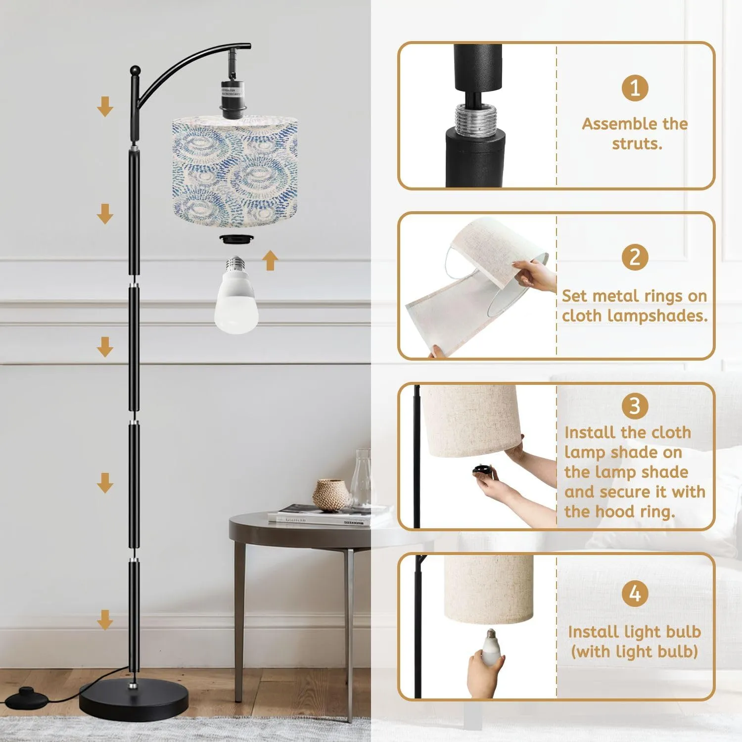 Arc Floor Lamps Watercolor Shibori Pattern Modern LED Adjustable Lampshade Standing Light for Living Room Reading Bedroom Office