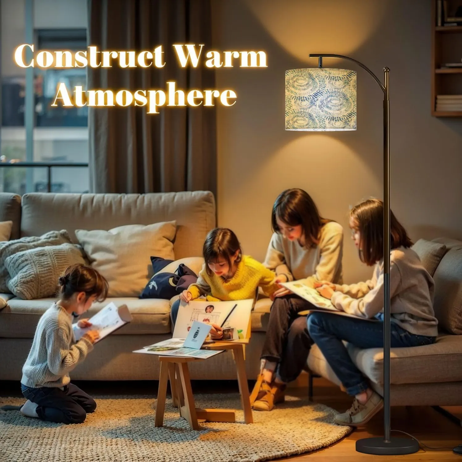 Arc Floor Lamps Watercolor Shibori Pattern Modern LED Adjustable Lampshade Standing Light for Living Room Reading Bedroom Office