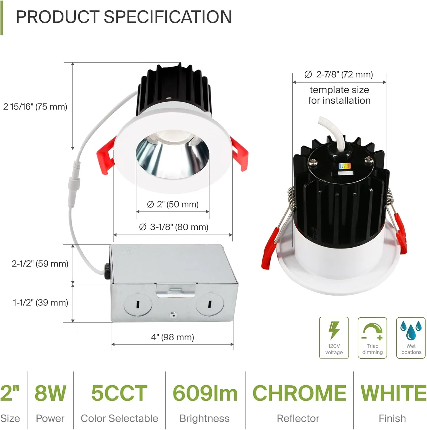 ASD 2 Inch LED Recessed Lighting with Junction Box, 8W 600 Lumens, Dimmable Anti-Glare Downlight, 2700K/3000K/3500K/4000K/5000K Selectable, CRI 90 , Round White Trim, IC Rated, ETL, Energy Star