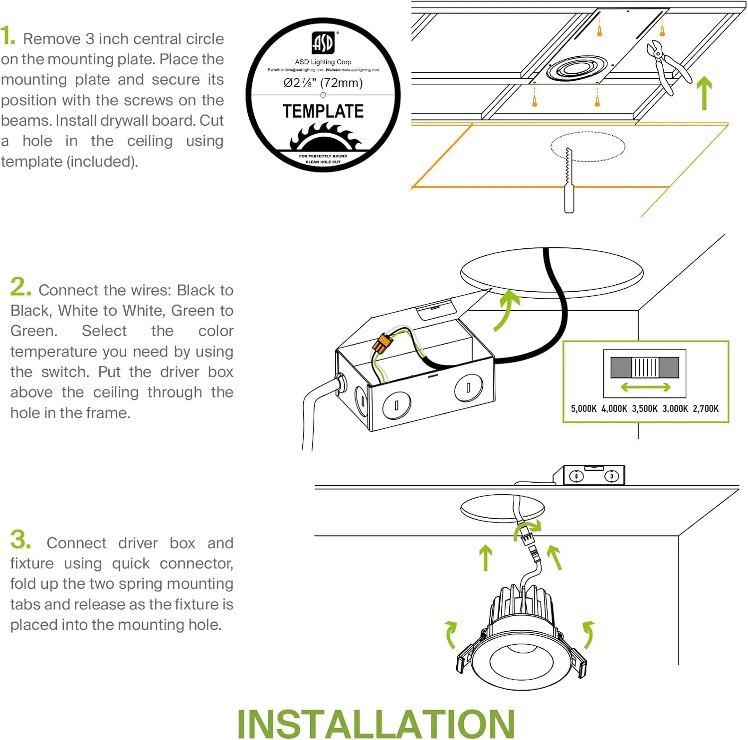 ASD 2 Inch LED Recessed Lighting with Junction Box, 8W 600 Lumens, Dimmable Anti-Glare Downlight, 2700K/3000K/3500K/4000K/5000K Selectable, CRI 90 , Round White Trim, IC Rated, ETL, Energy Star