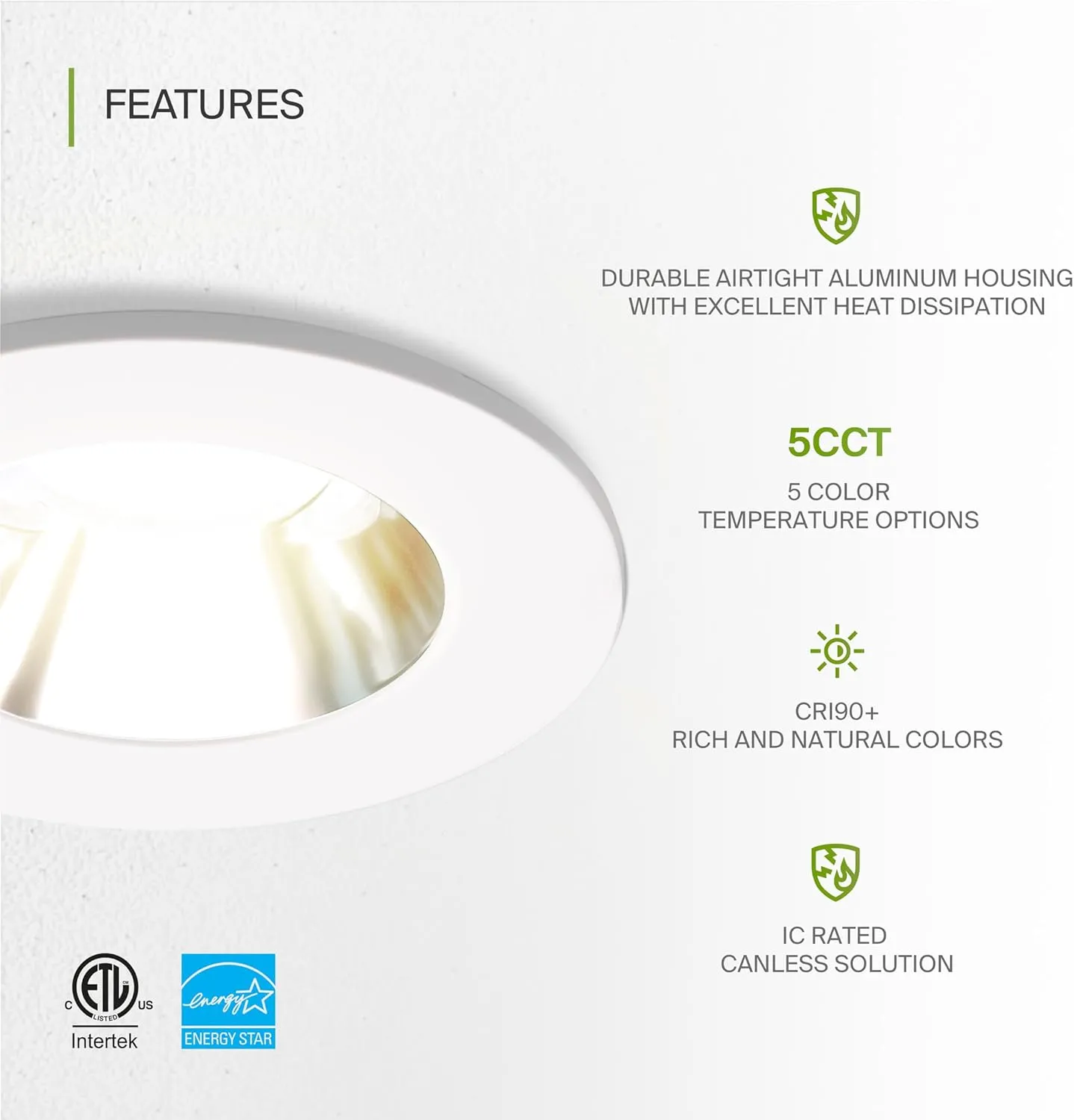 ASD 2 Inch LED Recessed Lighting with Junction Box, 8W 600 Lumens, Dimmable Anti-Glare Downlight, 2700K/3000K/3500K/4000K/5000K Selectable, CRI 90 , Round White Trim, IC Rated, ETL, Energy Star