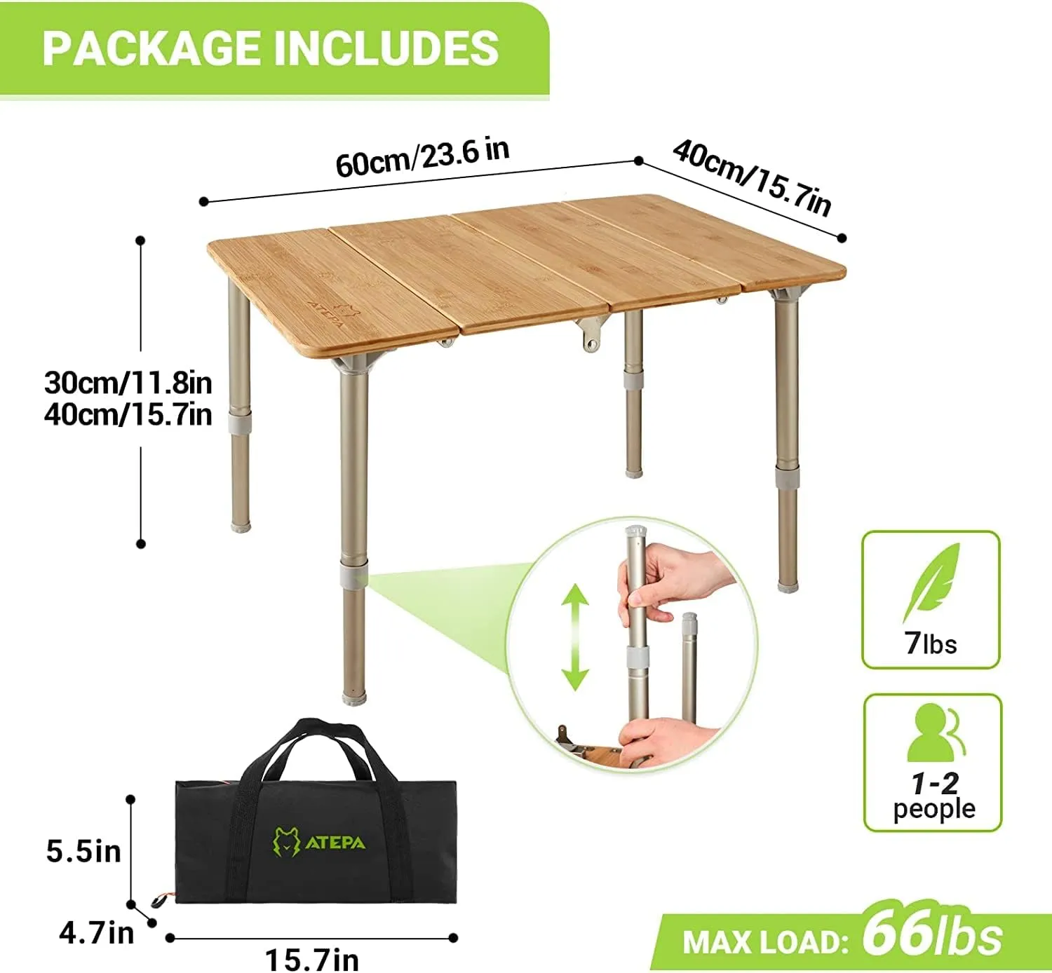 ATEPA Coffee Table Picnic Table, Small Bamboo Folding Table, Portable Camping Table with Carry Bag Adjustable Height, Easy to Carry for Outdoor Beach Backyard, 23.6''(L) x15.7''(H)