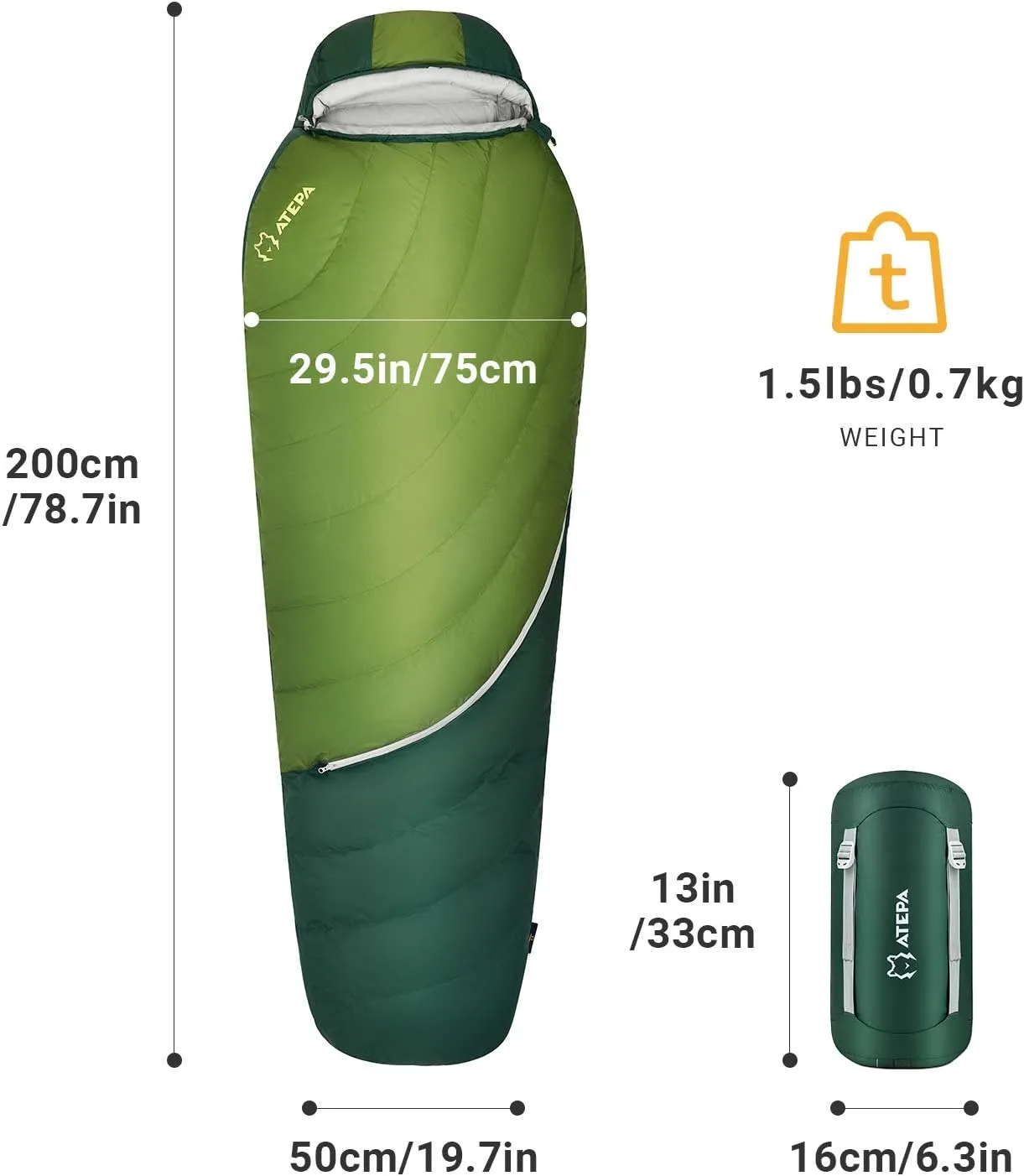 ATEPA Down Sleeping Bag for Adults, 650FP Ultralight 3 Season Compact Packable Sleeping Bag with Compression Sack for Camping Backpacking Hiking