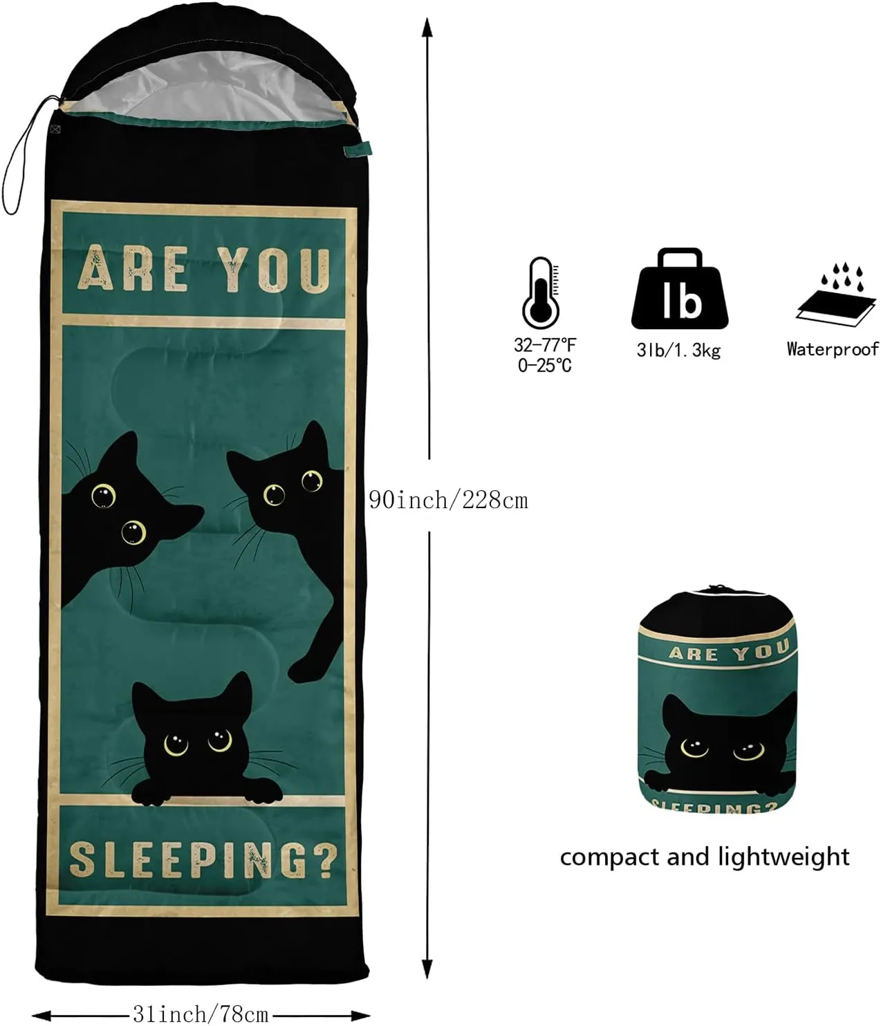 Axolotl Black Cats Sleeping Bag for Kids Adults–Lightweight Warm Cold Weather Sleeping Bags,Waterproof Portable Sleeping Bag for Camping,3 Season Cold Weather Sleeping Bag,Sleeping Bag for Hiking