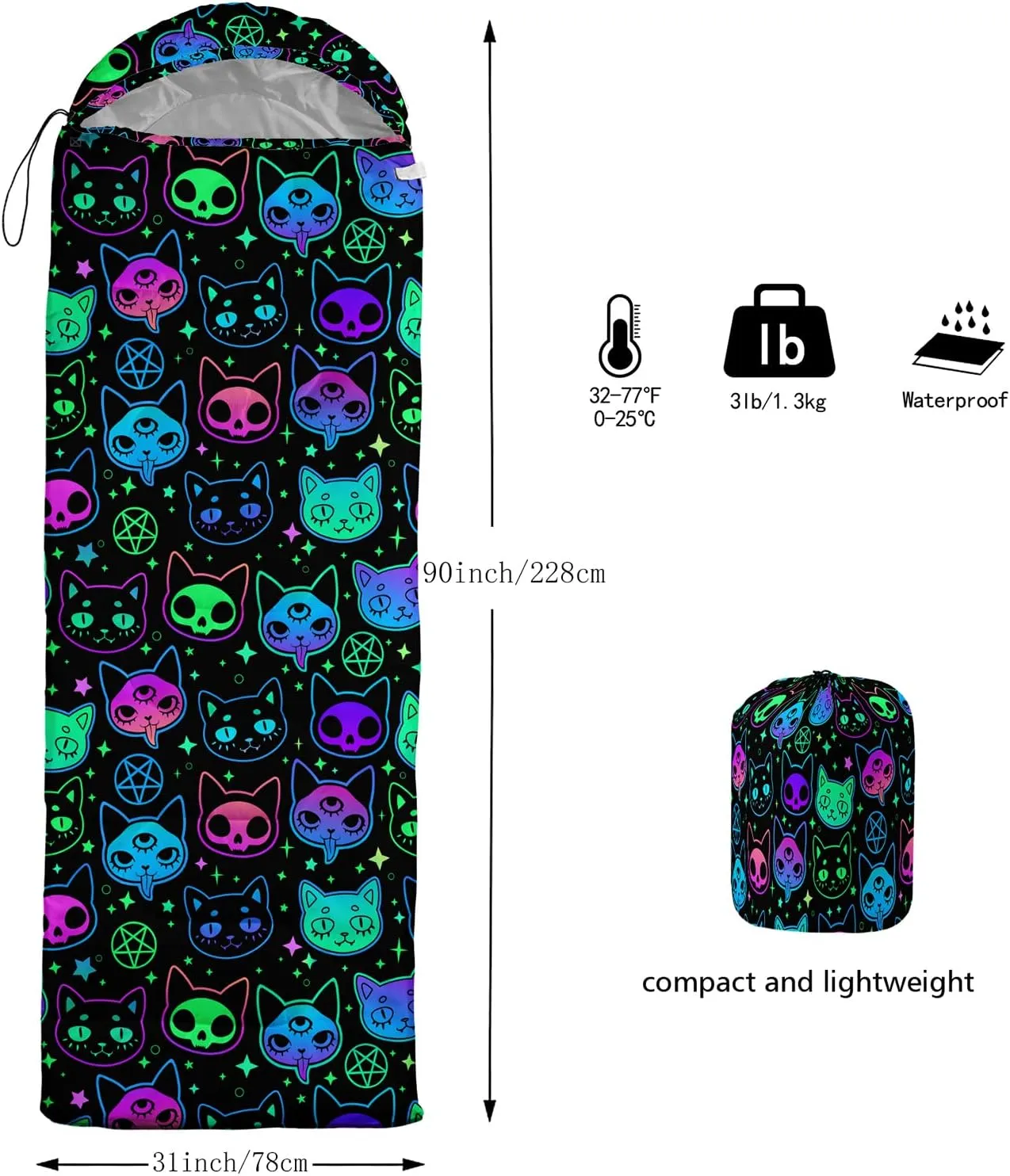 Axolotl Colorful Cats 3 Season Sleeping Bag for Kids, Girls, Teens - Warm and Cool Weather Pet Animal Theme, Waterproof Lightweight for Traveling, Outdoors Camping Equipment