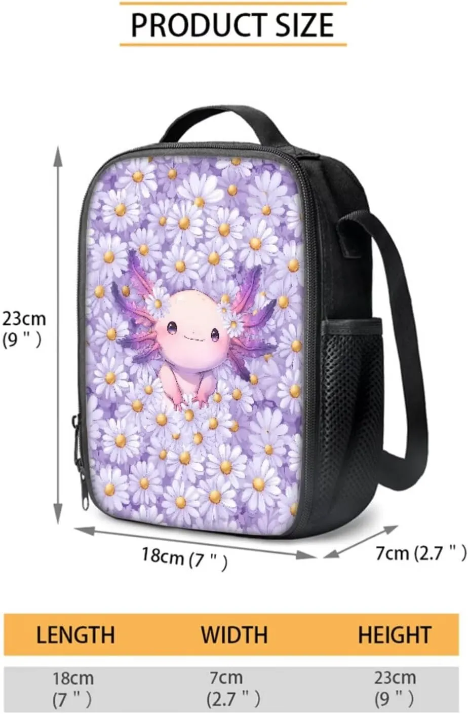 Axolotl Daisy Floral Pattern 17" Large Capacity Backpack Thermal Lunch Bag Water Bottle Carrier 4Pcs Sets Back to School Supplies for Boy Girl School Bag Set
