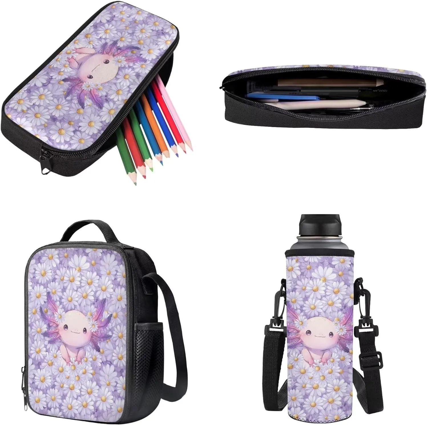 Axolotl Daisy Floral Pattern 17" Large Capacity Backpack Thermal Lunch Bag Water Bottle Carrier 4Pcs Sets Back to School Supplies for Boy Girl School Bag Set