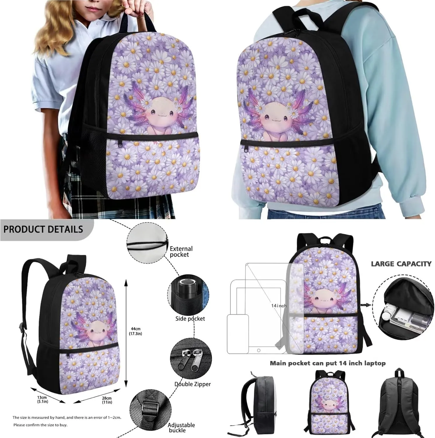 Axolotl Daisy Floral Pattern 17" Large Capacity Backpack Thermal Lunch Bag Water Bottle Carrier 4Pcs Sets Back to School Supplies for Boy Girl School Bag Set