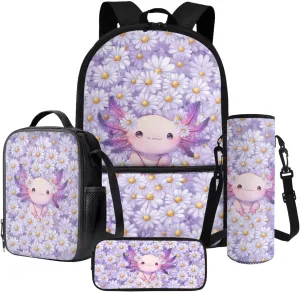 Axolotl Daisy Floral Pattern 17" Large Capacity Backpack Thermal Lunch Bag Water Bottle Carrier 4Pcs Sets Back to School Supplies for Boy Girl School Bag Set