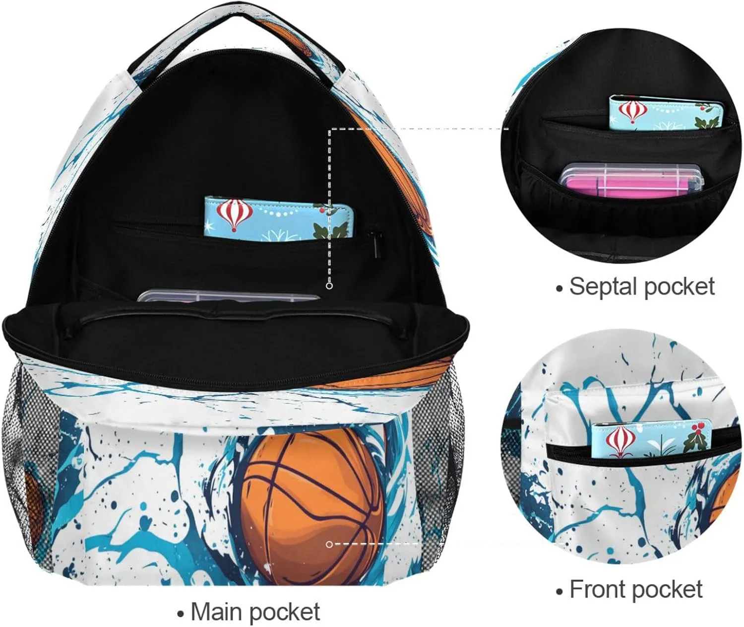 Backpacks for Teens Boys Girls Waterproof College School Computer Bag with Chest Strap for Travel Trip Basketball with Blue Lightning White