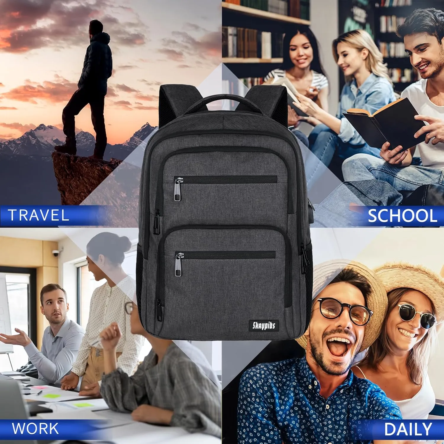 Backpck for Men Women, School Backpack for Boys Girls Teen, 15.6 inch Laptop Back Pack with USB Charger Port, Bookbag with USB Charger for College High School Travel Business, Mochilas Black
