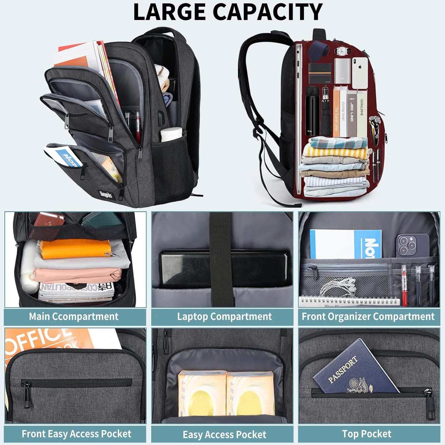 Backpck for Men Women, School Backpack for Boys Girls Teen, 15.6 inch Laptop Back Pack with USB Charger Port, Bookbag with USB Charger for College High School Travel Business, Mochilas Black