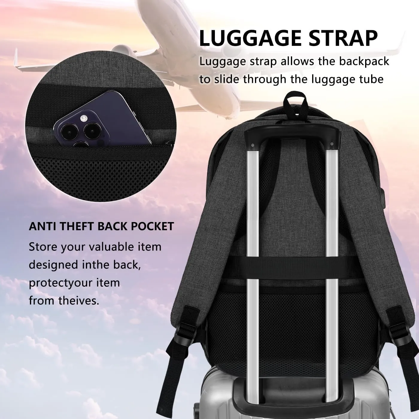 Backpck for Men Women, School Backpack for Boys Girls Teen, 15.6 inch Laptop Back Pack with USB Charger Port, Bookbag with USB Charger for College High School Travel Business, Mochilas Black