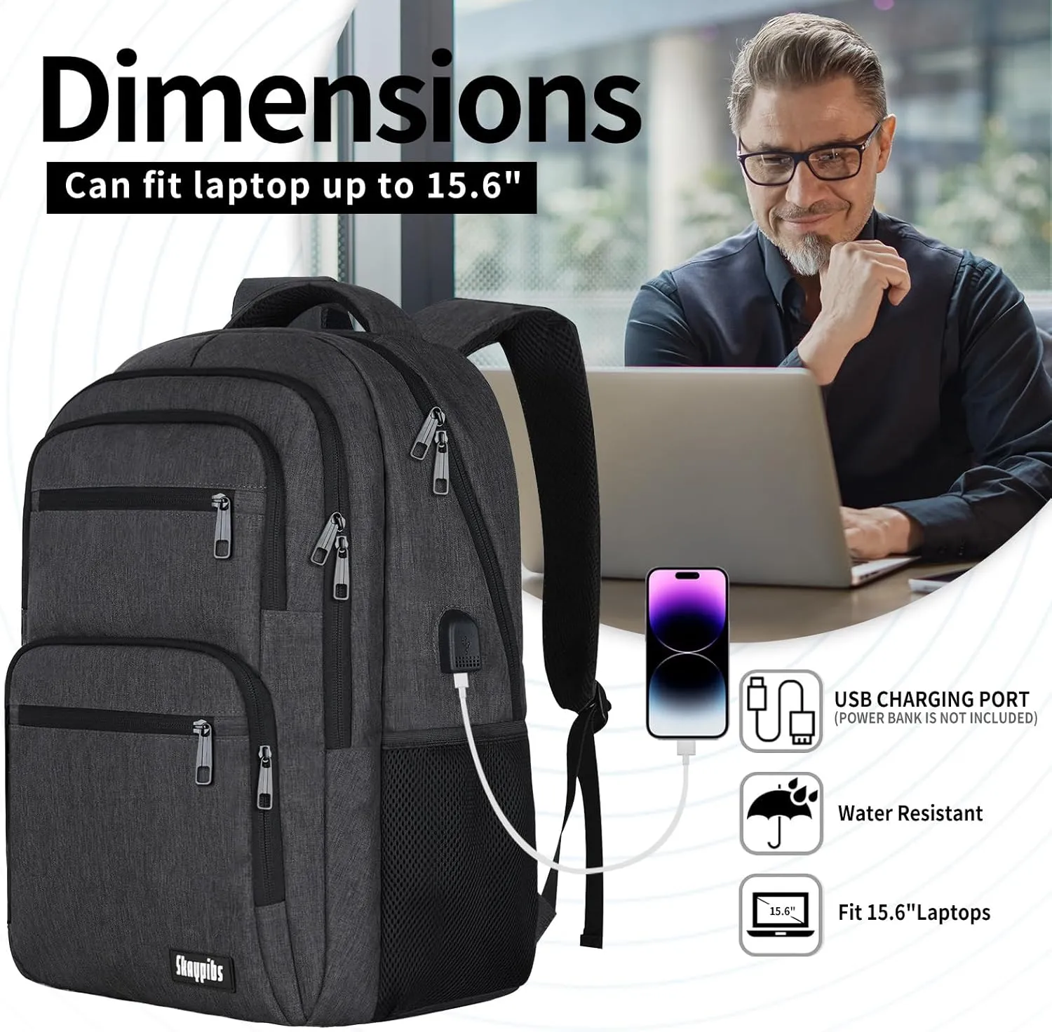 Backpck for Men Women, School Backpack for Boys Girls Teen, 15.6 inch Laptop Back Pack with USB Charger Port, Bookbag with USB Charger for College High School Travel Business, Mochilas Black