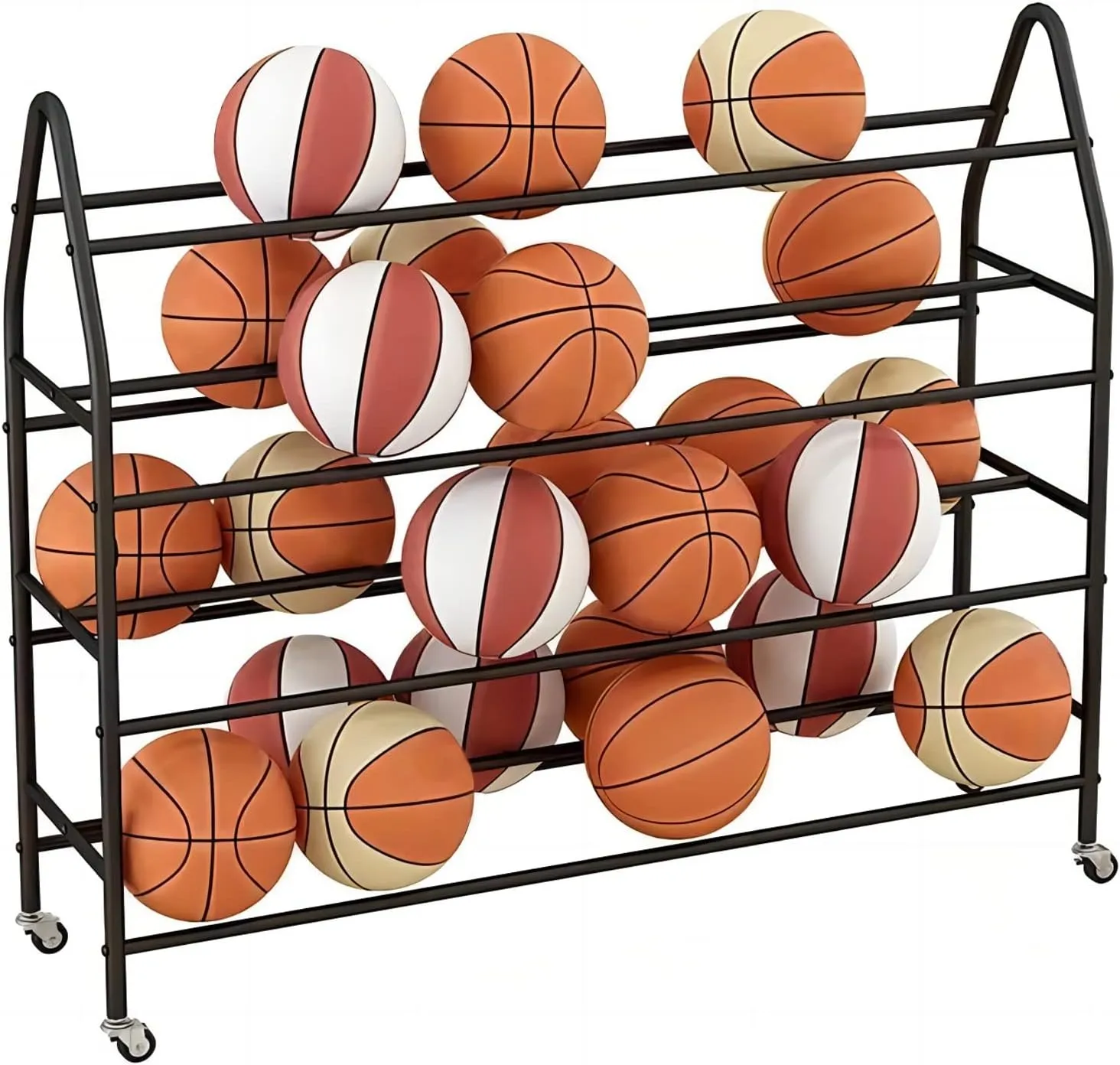 Ball Organizer，Ball Storage Rack Rolling Basketball Cart with Lockable Wheels 4 Tier Black Gold White Sports Equipment Storage Large Capacity Space Saving Indoor/Outdoor Sports Rack for Gara