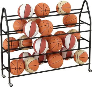 Ball Organizer，Ball Storage Rack Rolling Basketball Cart with Lockable Wheels 4 Tier Black Gold White Sports Equipment Storage Large Capacity Space Saving Indoor/Outdoor Sports Rack for Gara