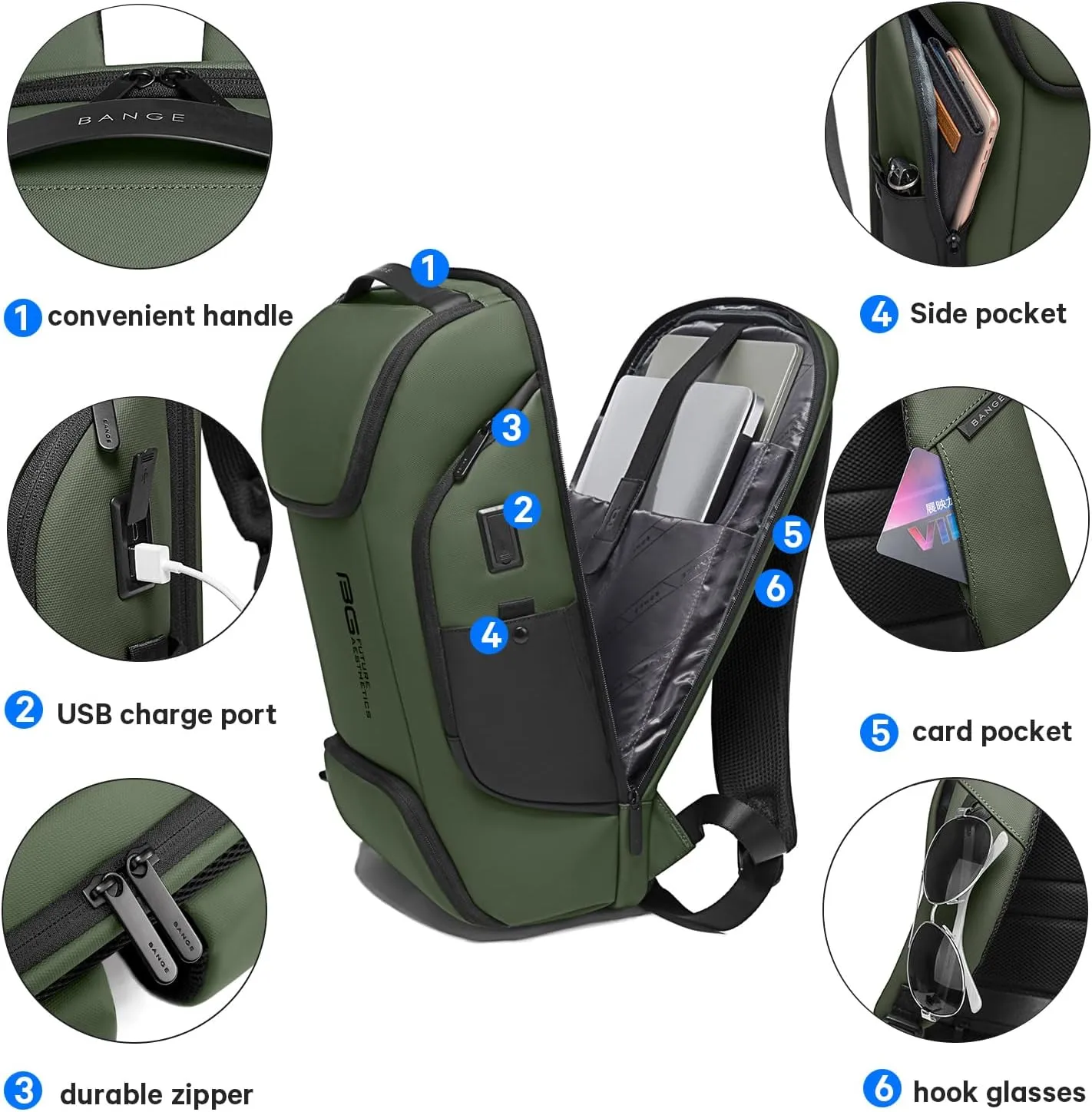 BANGE Business Laptop Smart backpack Can Hold 15.6 Inch Laptop Commute Backpack Carry on bag for men and women (Green)
