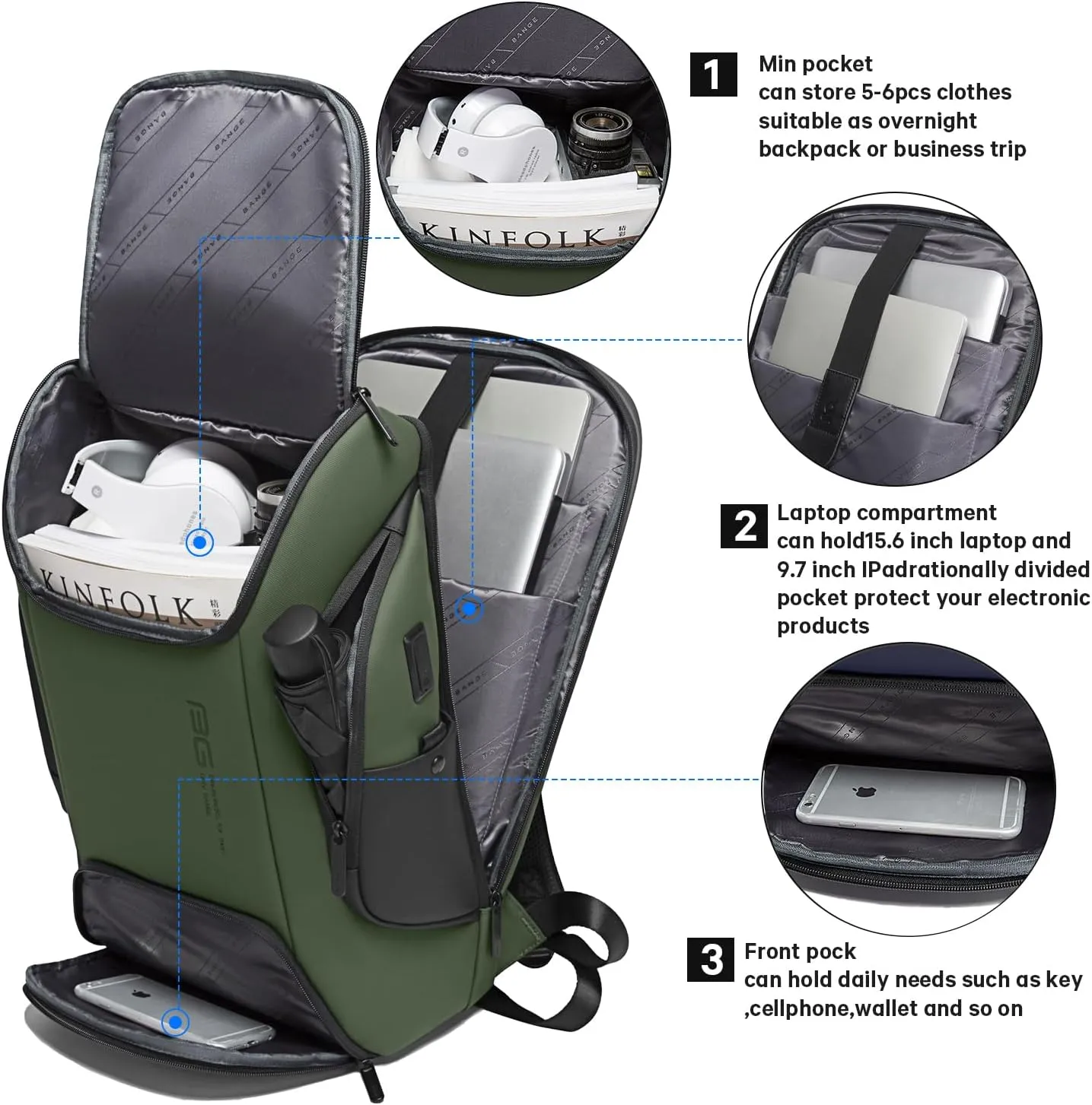 BANGE Business Laptop Smart backpack Can Hold 15.6 Inch Laptop Commute Backpack Carry on bag for men and women (Green)