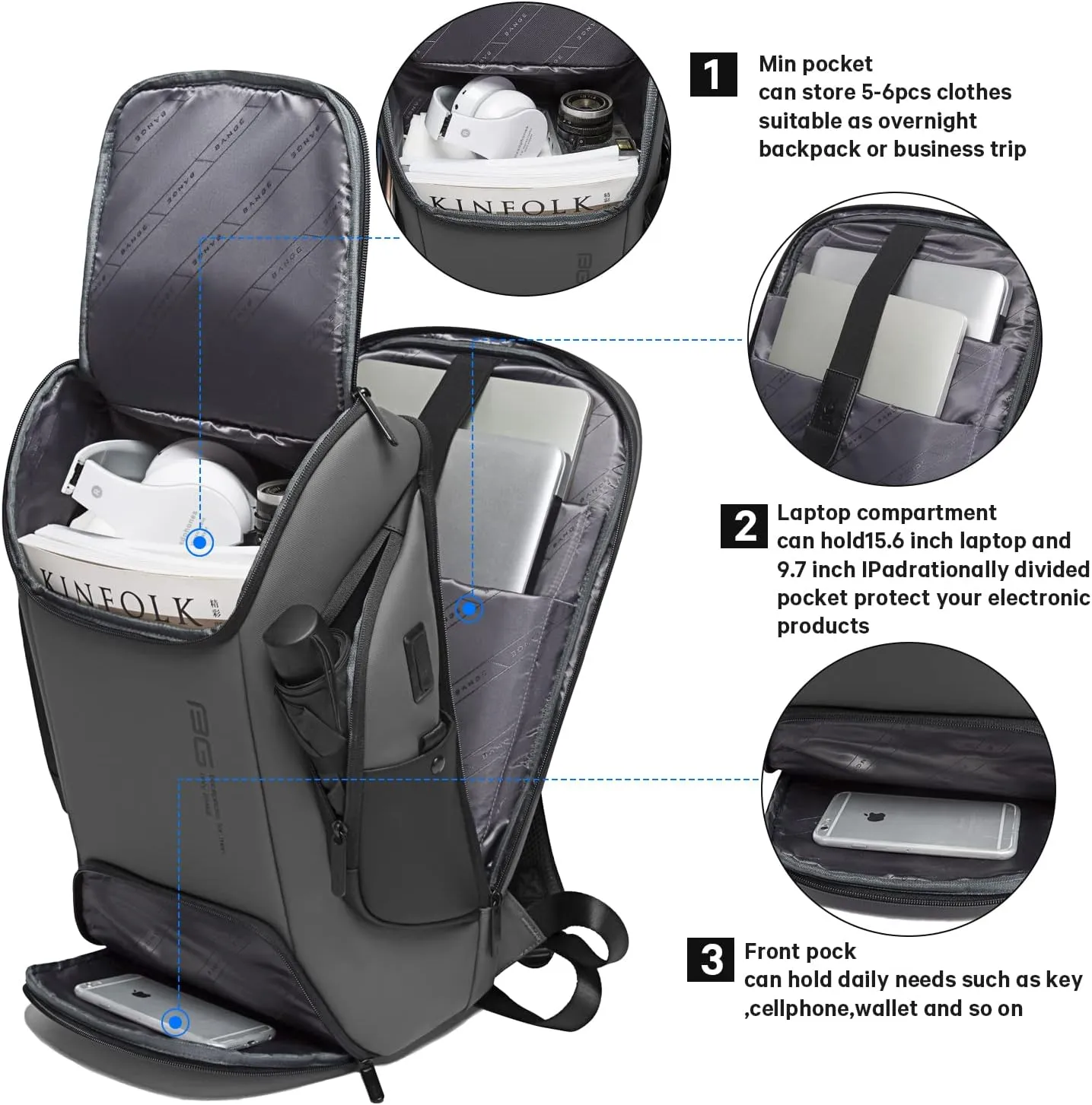 BANGE Business Laptop Smart backpack Can Hold 15.6 Inch Laptop Commute Backpack Carry on bag for men and women (Grey)