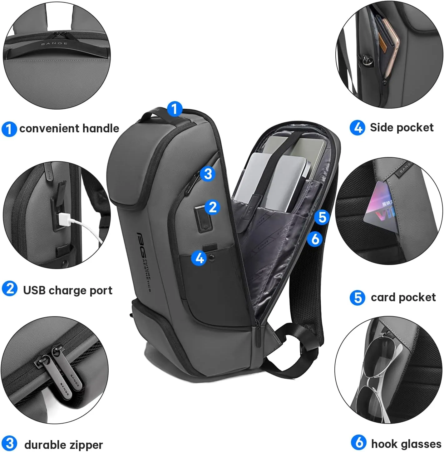 BANGE Business Laptop Smart backpack Can Hold 15.6 Inch Laptop Commute Backpack Carry on bag for men and women (Grey)