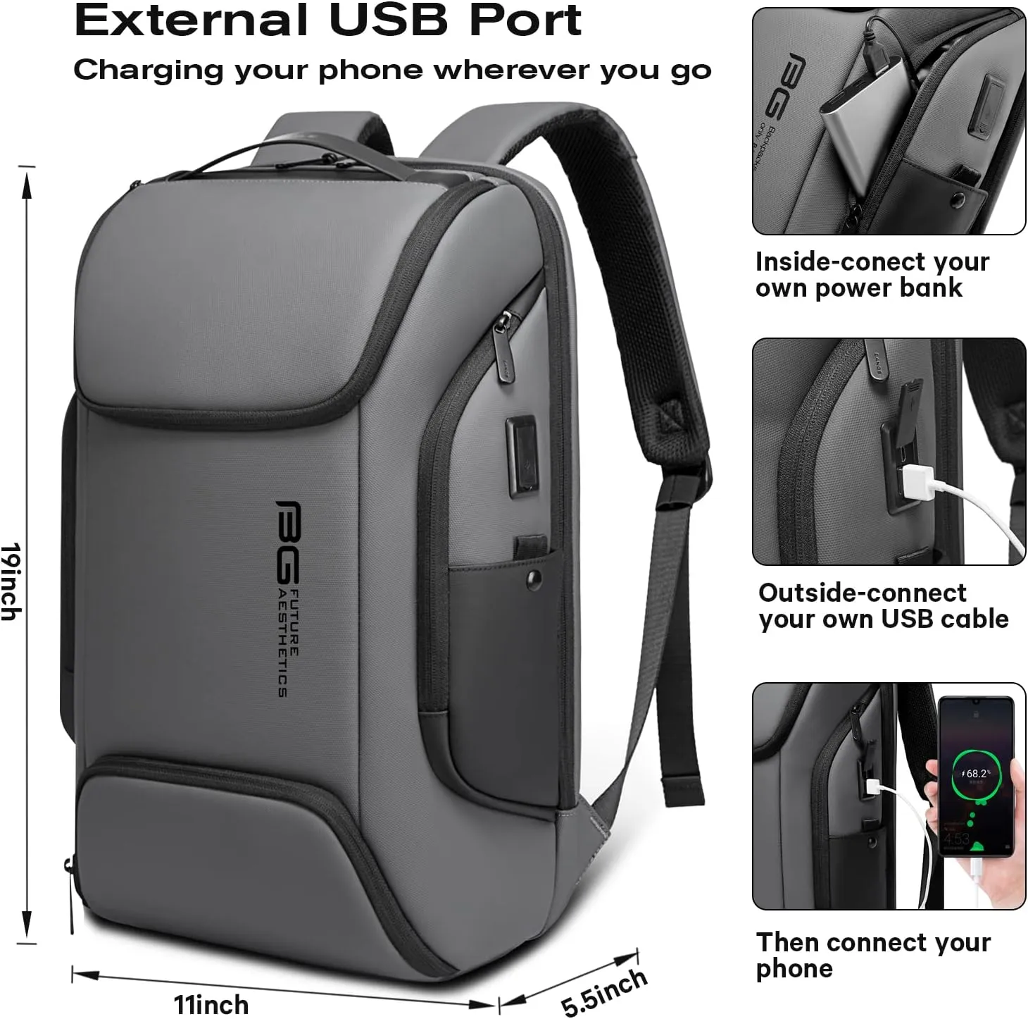 BANGE Business Laptop Smart backpack Can Hold 15.6 Inch Laptop Commute Backpack Carry on bag for men and women (Grey)