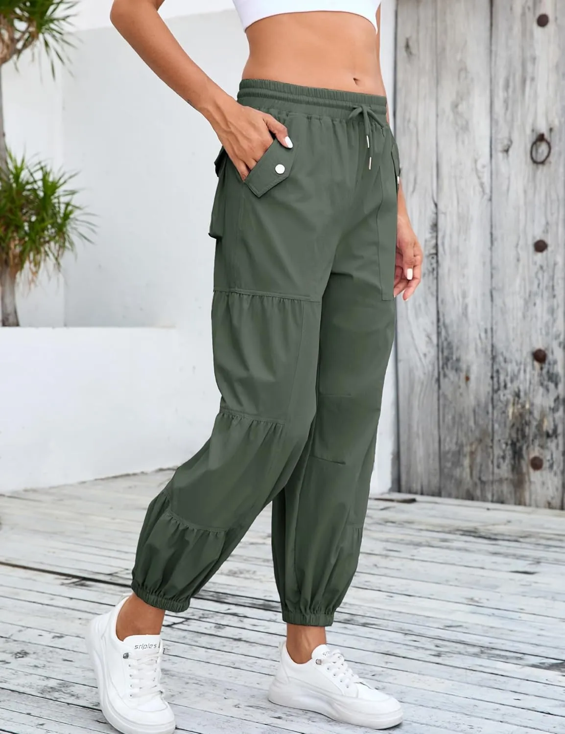 Bankeng Parachute Pants for Women Cargo Pants with Pockets Elastic Waist Drawstring Baggy Hiking Pants