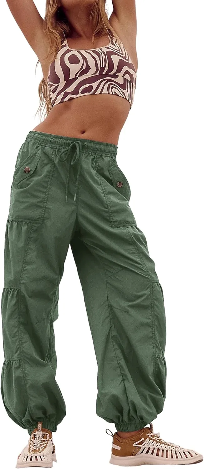 Bankeng Parachute Pants for Women Cargo Pants with Pockets Elastic Waist Drawstring Baggy Hiking Pants