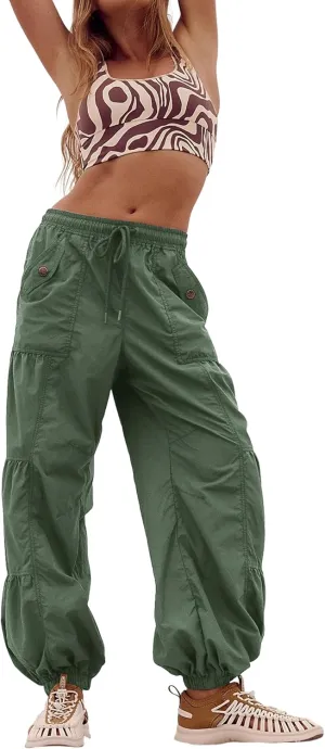 Bankeng Parachute Pants for Women Cargo Pants with Pockets Elastic Waist Drawstring Baggy Hiking Pants