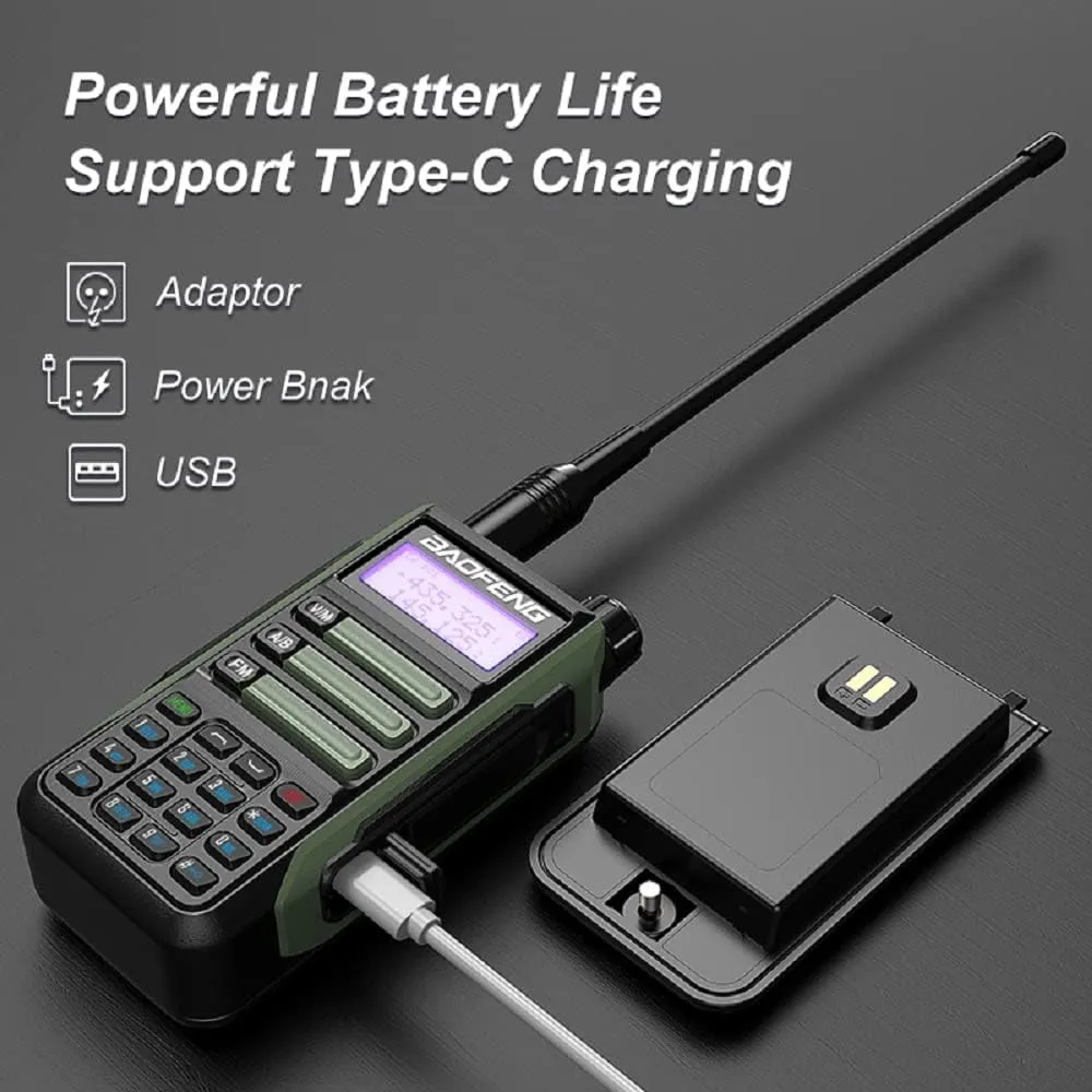 BAOFENG UV-16R Walkie Talkie USB-C 10W Waterproof Two Way Radio Long Range Dual Band Professional Handheld Radio Type-c Olive Green