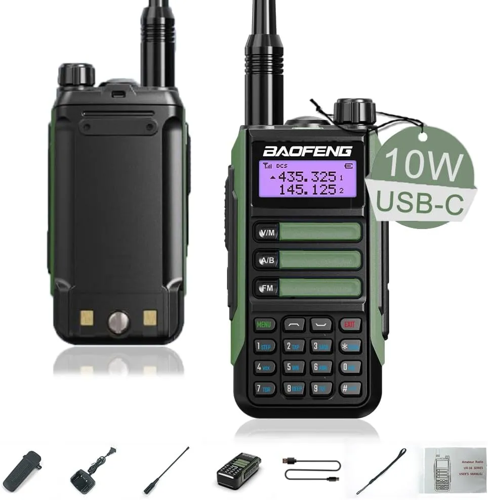 BAOFENG UV-16R Walkie Talkie USB-C 10W Waterproof Two Way Radio Long Range Dual Band Professional Handheld Radio Type-c Olive Green