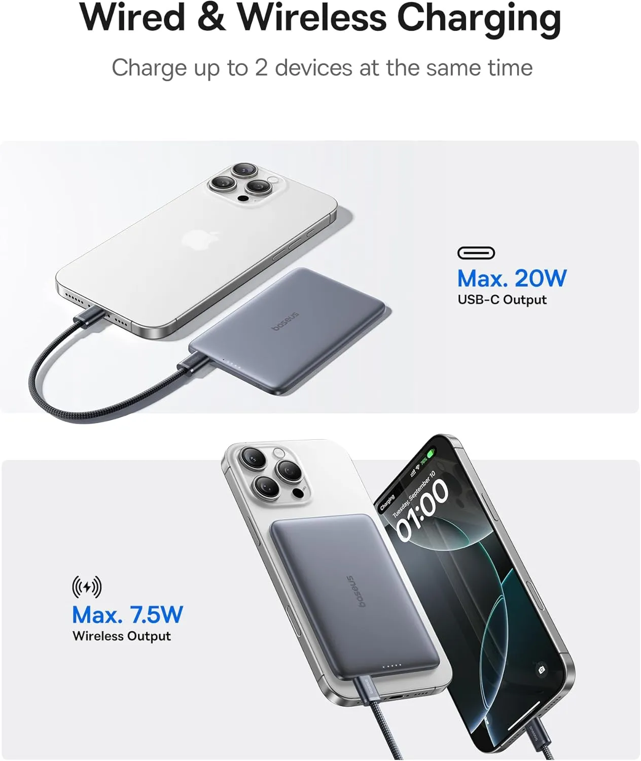 Baseus Picogo Power Bank, 0.3" Ultra Slim 5000mAh MagSafe Portable Charger with USB-C Braided Cable, Card-Size Magnetic Battery Pack, Alloy Wireless Fast Charger for iPhone 16/15/14/13/12, Lightweight
