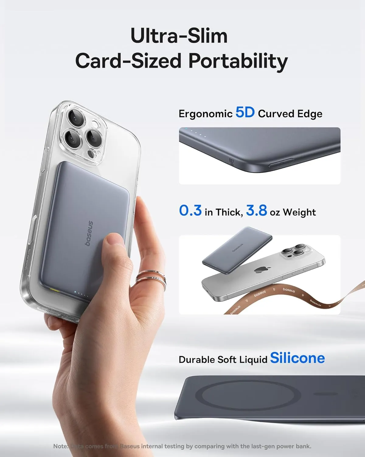 Baseus Picogo Power Bank, 0.3" Ultra Slim 5000mAh MagSafe Portable Charger with USB-C Braided Cable, Card-Size Magnetic Battery Pack, Alloy Wireless Fast Charger for iPhone 16/15/14/13/12, Lightweight
