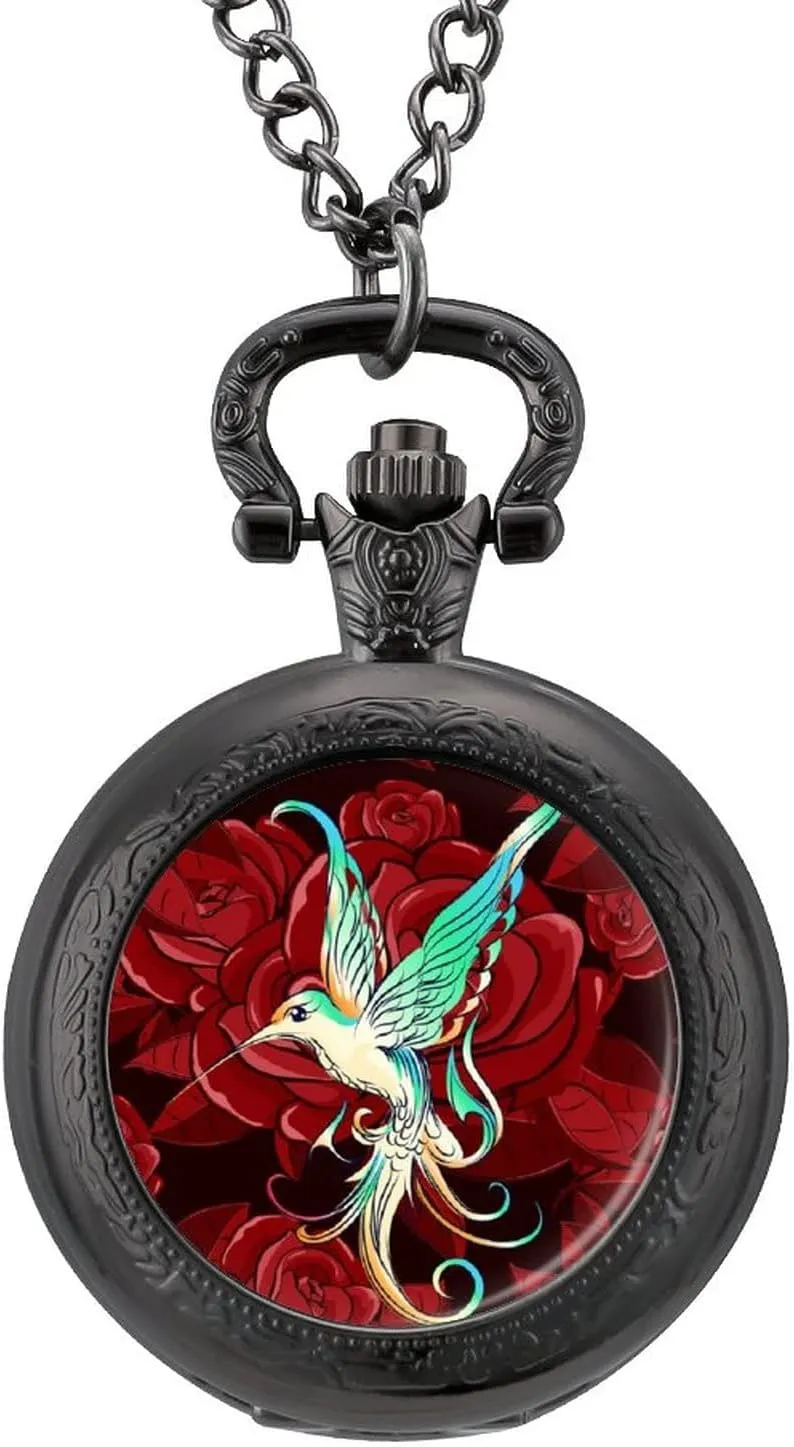 Beautiful Hummingbird with Rose Vintage Pocket Watch Printed Pendant Watches Necklace with Chain Gift for Friend Lover Family