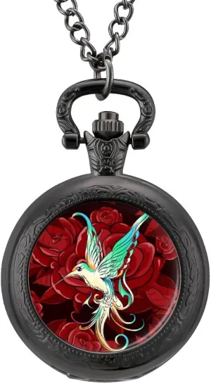 Beautiful Hummingbird with Rose Vintage Pocket Watch Printed Pendant Watches Necklace with Chain Gift for Friend Lover Family