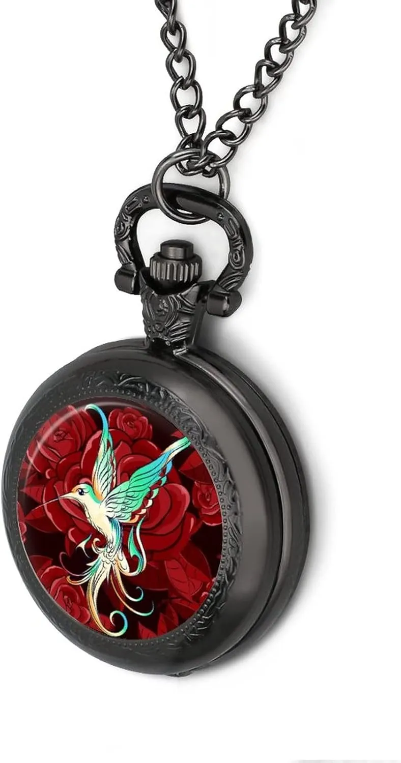 Beautiful Hummingbird with Rose Vintage Pocket Watch Printed Pendant Watches Necklace with Chain Gift for Friend Lover Family