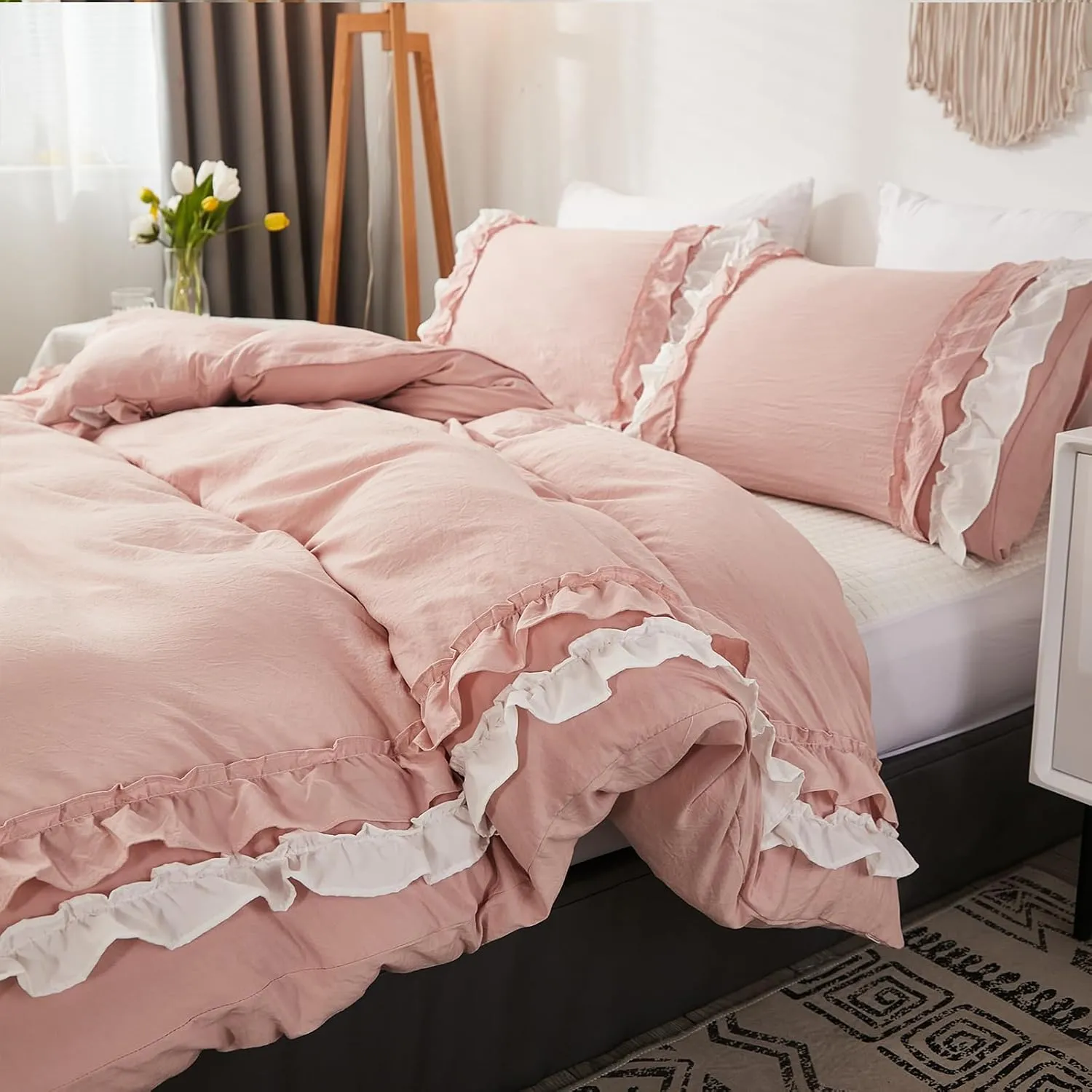 Bedorm Ruffle Duvet Cover Queen Coquette Bedding Ultra Soft Breathable Shabby Chic Bedding Pink Ruffled Duvet Cover Set Cute Comforter Cover