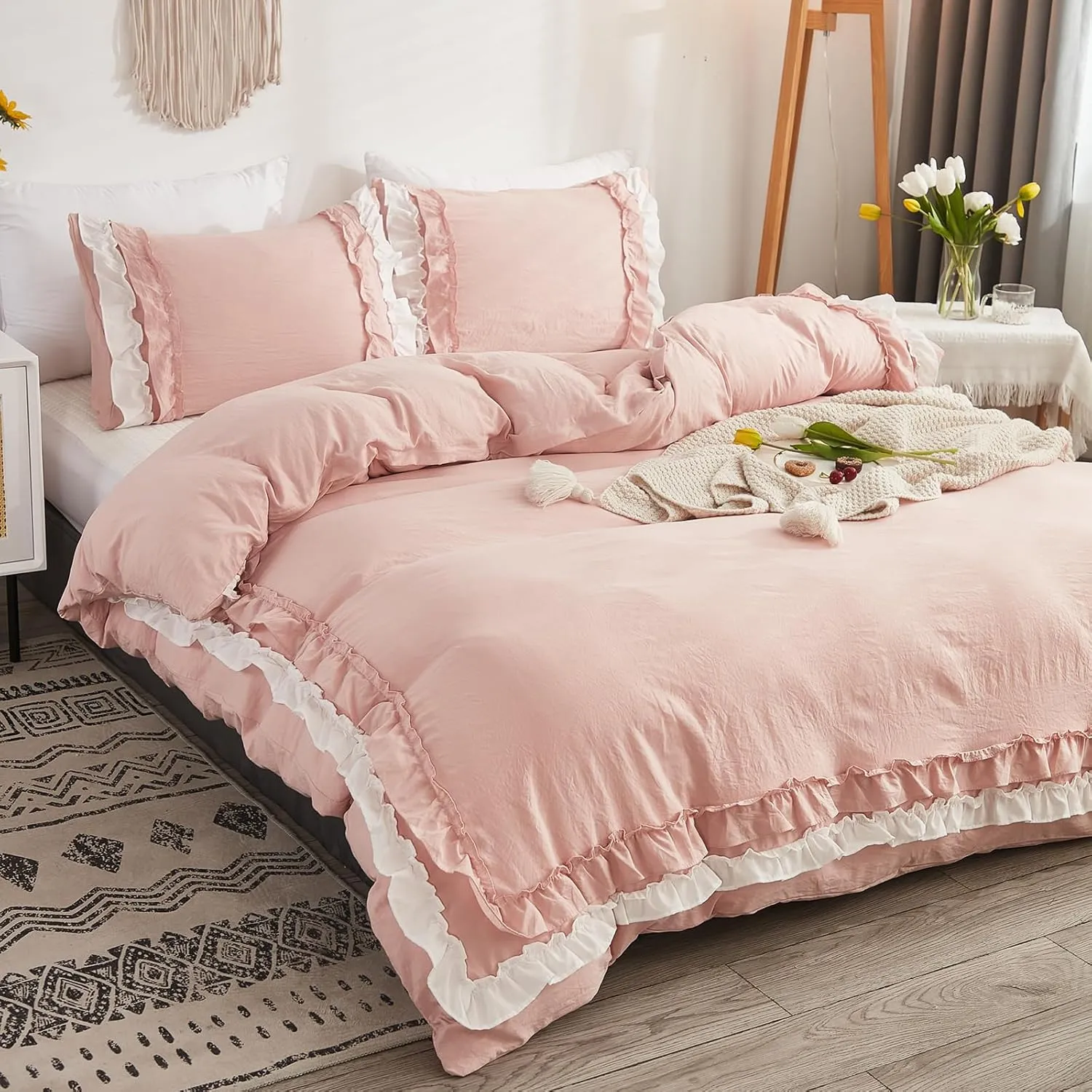 Bedorm Ruffle Duvet Cover Queen Coquette Bedding Ultra Soft Breathable Shabby Chic Bedding Pink Ruffled Duvet Cover Set Cute Comforter Cover