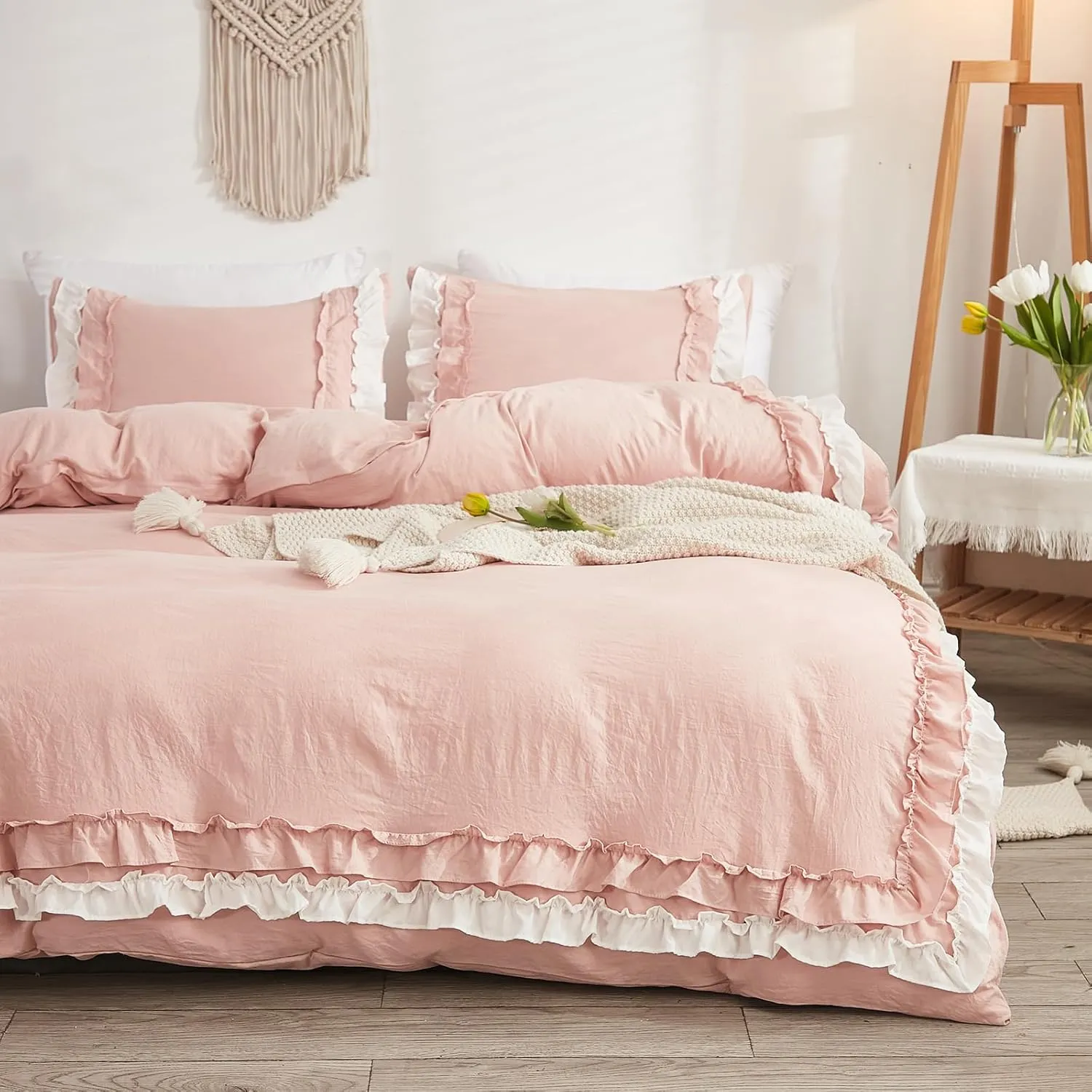 Bedorm Ruffle Duvet Cover Queen Coquette Bedding Ultra Soft Breathable Shabby Chic Bedding Pink Ruffled Duvet Cover Set Cute Comforter Cover