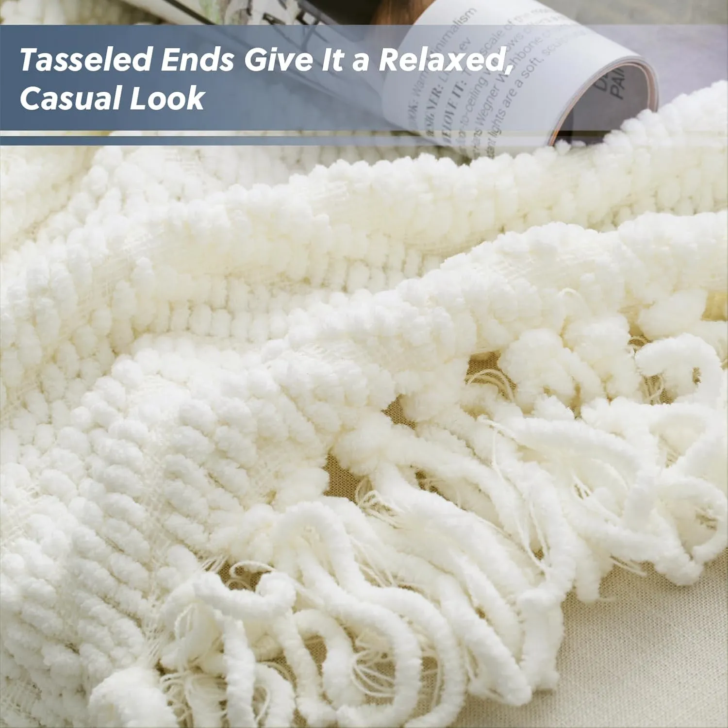 Bedsure Cream Throw Blankets for Couch - Textured Chunky Knit Woven Chenille Blanket - Super Soft, Warm Decorative Boho Throw with Tassels for Bed, Sofa and Living Room Decor, Ivory, 50x60 Inches