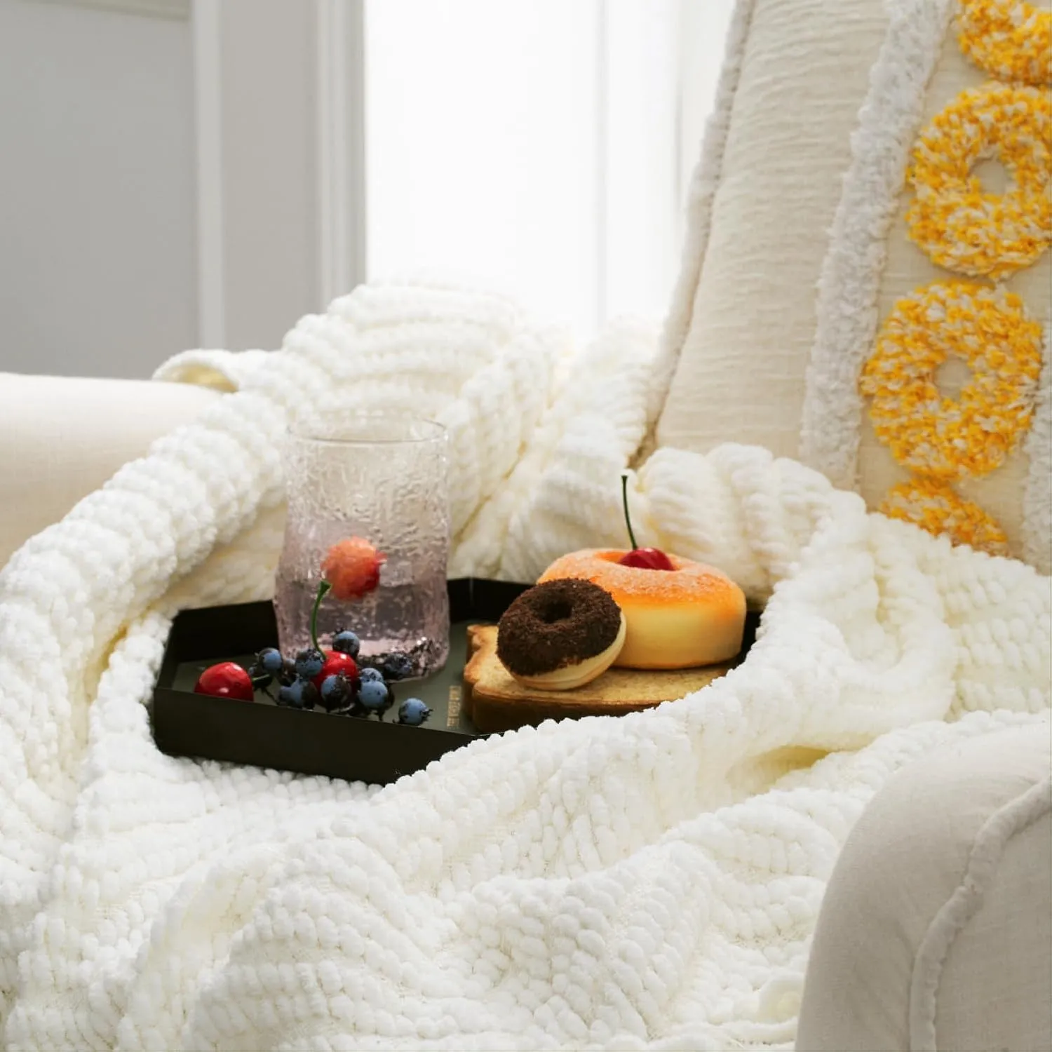 Bedsure Cream Throw Blankets for Couch - Textured Chunky Knit Woven Chenille Blanket - Super Soft, Warm Decorative Boho Throw with Tassels for Bed, Sofa and Living Room Decor, Ivory, 50x60 Inches